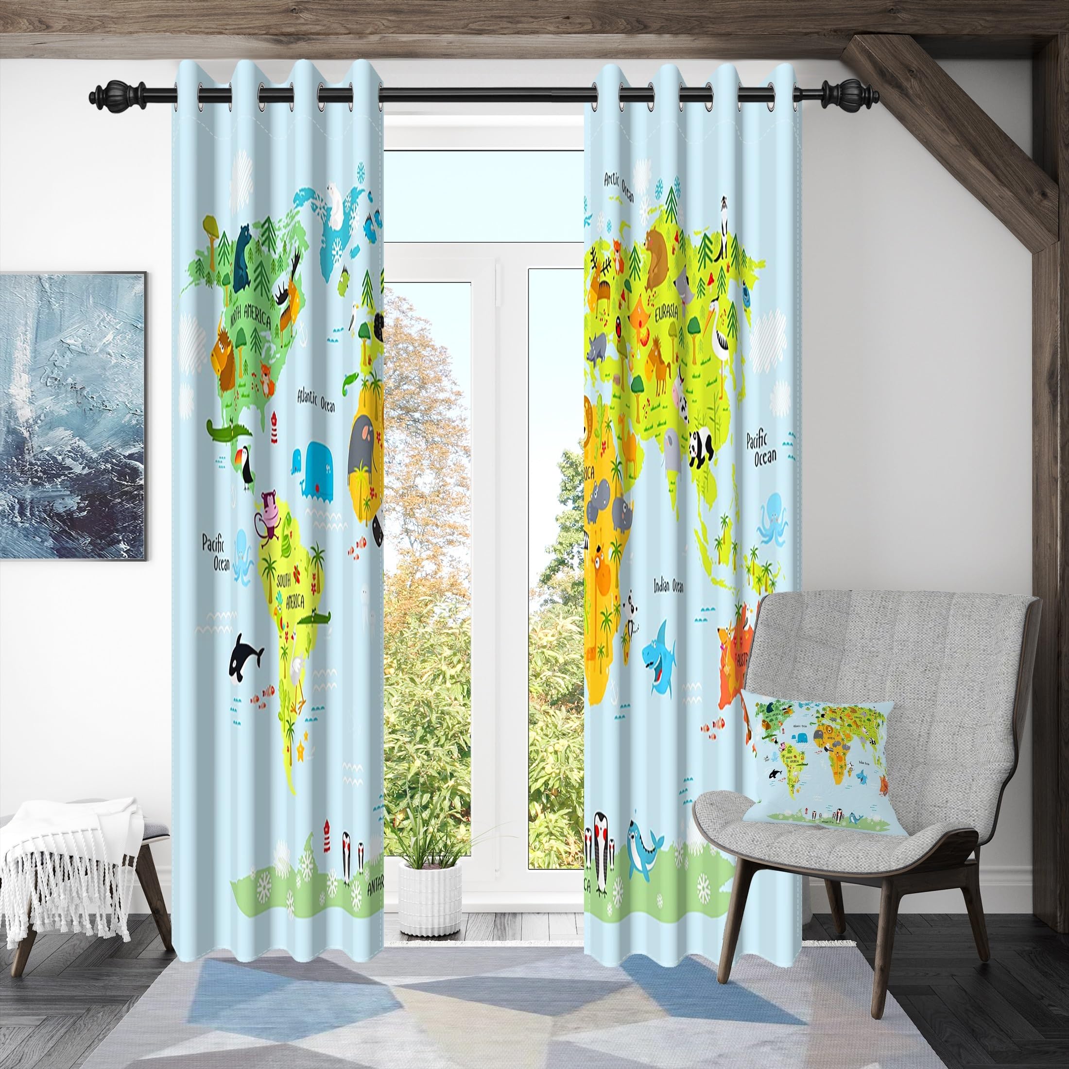 107x160cm Mapa Cortina con Ojales Dibujos Animados Verde Mapa del Mundo Animales náutica Opacas Cortinas para Ventanas Niñas niños Habitación Infantil Dormitorio Sala de Estar,2 Panel