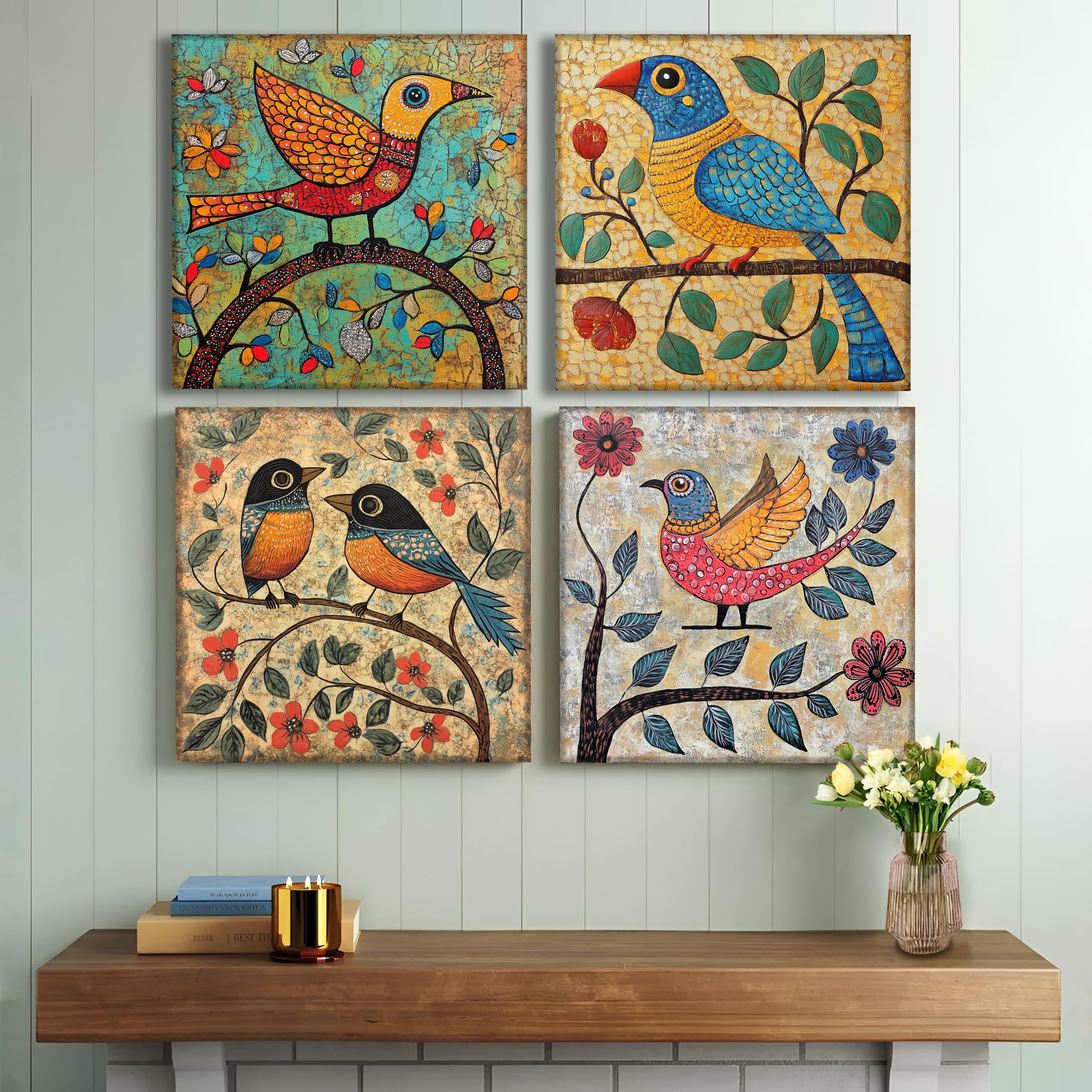 PAINTINGMANTRA Colorful Exotic Birds & Botanical Floral Pattern Wall Art Painting Set of 4 | Digital Print on Canvas Stretched on Wood Home Decor | Use in Living Room, Bedroom, Hotel (12 x12Inches)