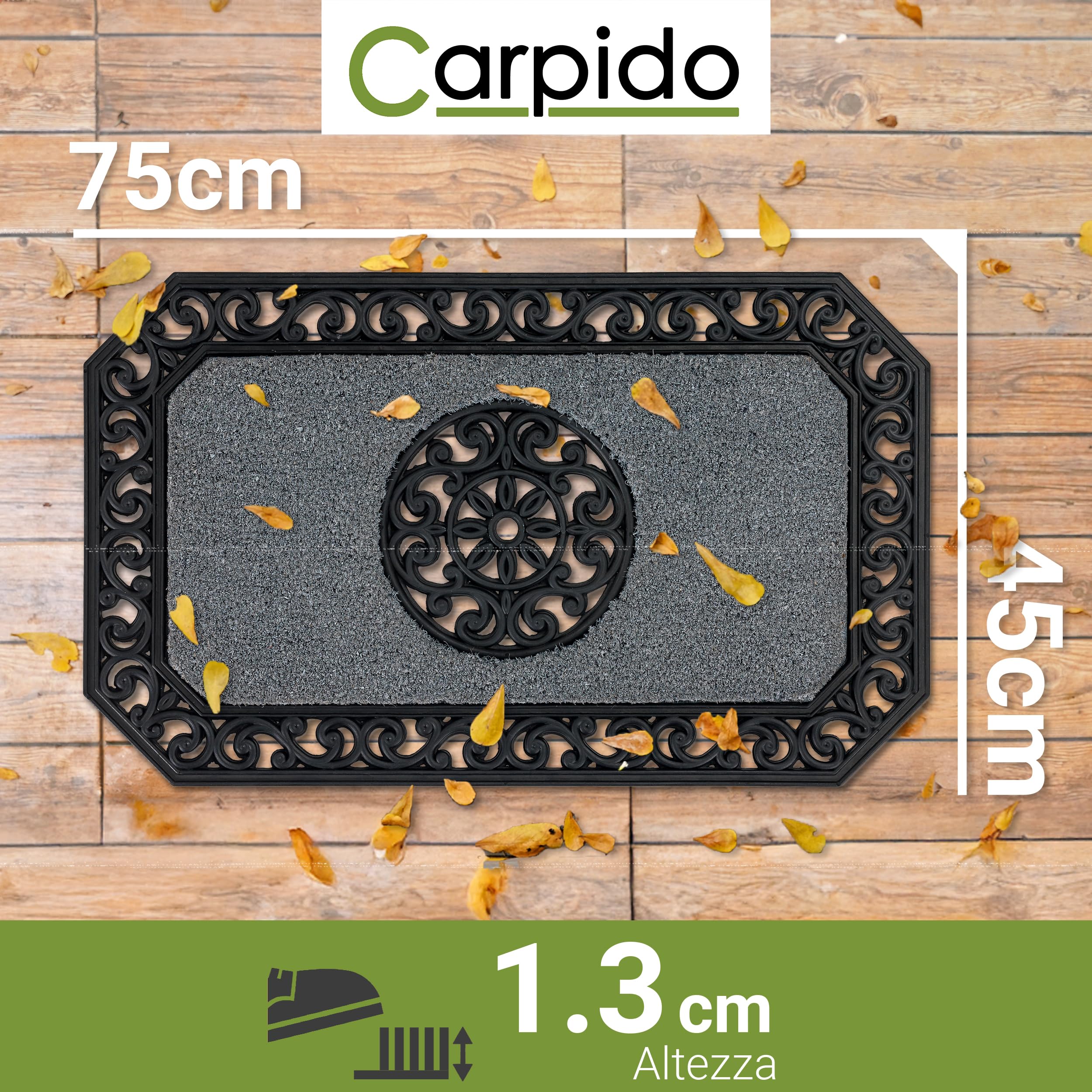 Carpido Zerbino grigio - Clean run 45x75 cm set di 2 - Zerbino per porte interne - Tappeto per ingressi in ambienti esterni coperti - Tappeto in cocco con bordo in gomma