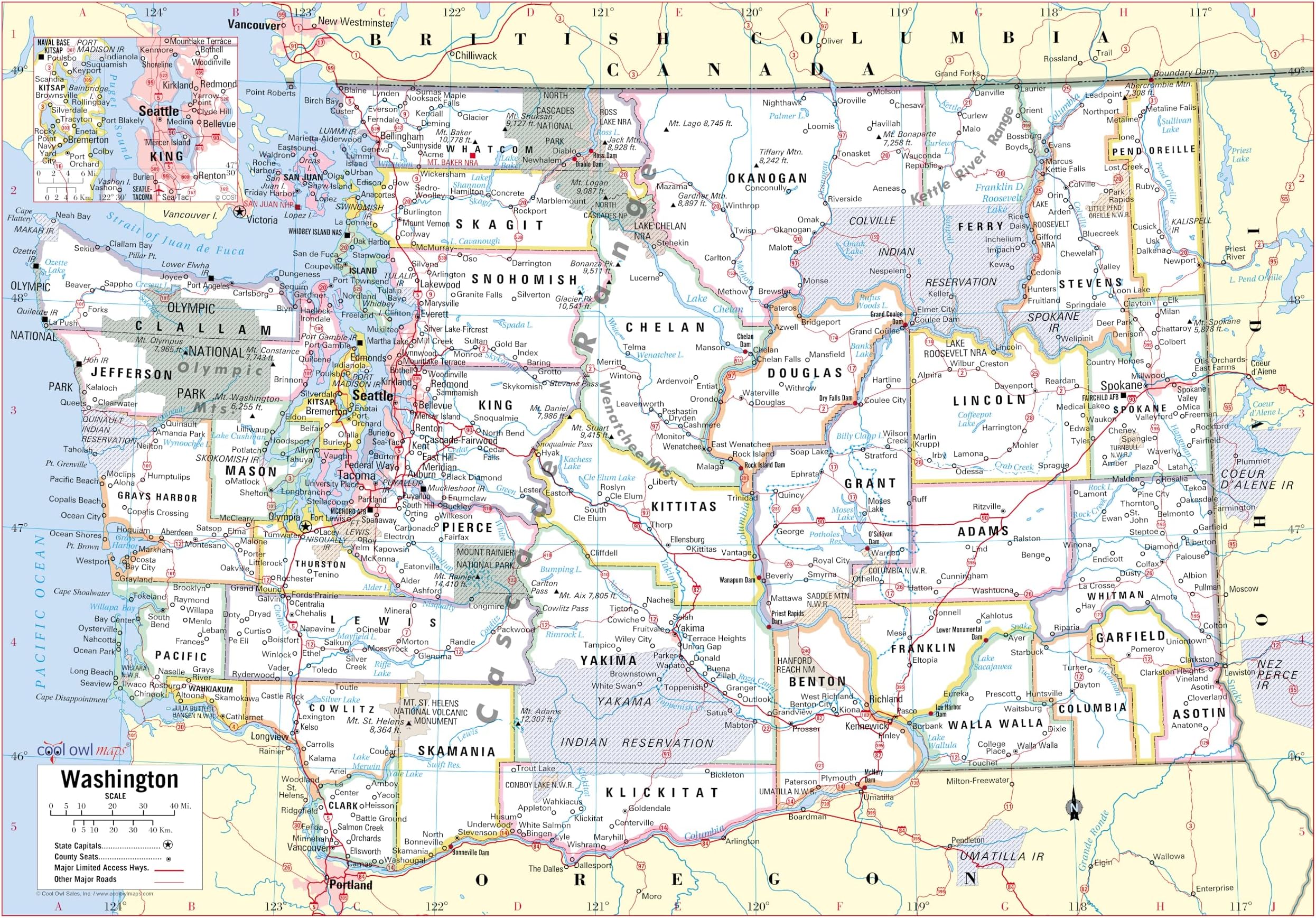 Cool Owl Maps Washington State Wall Map Large Print Poster Rolled (Laminated 34"x24")