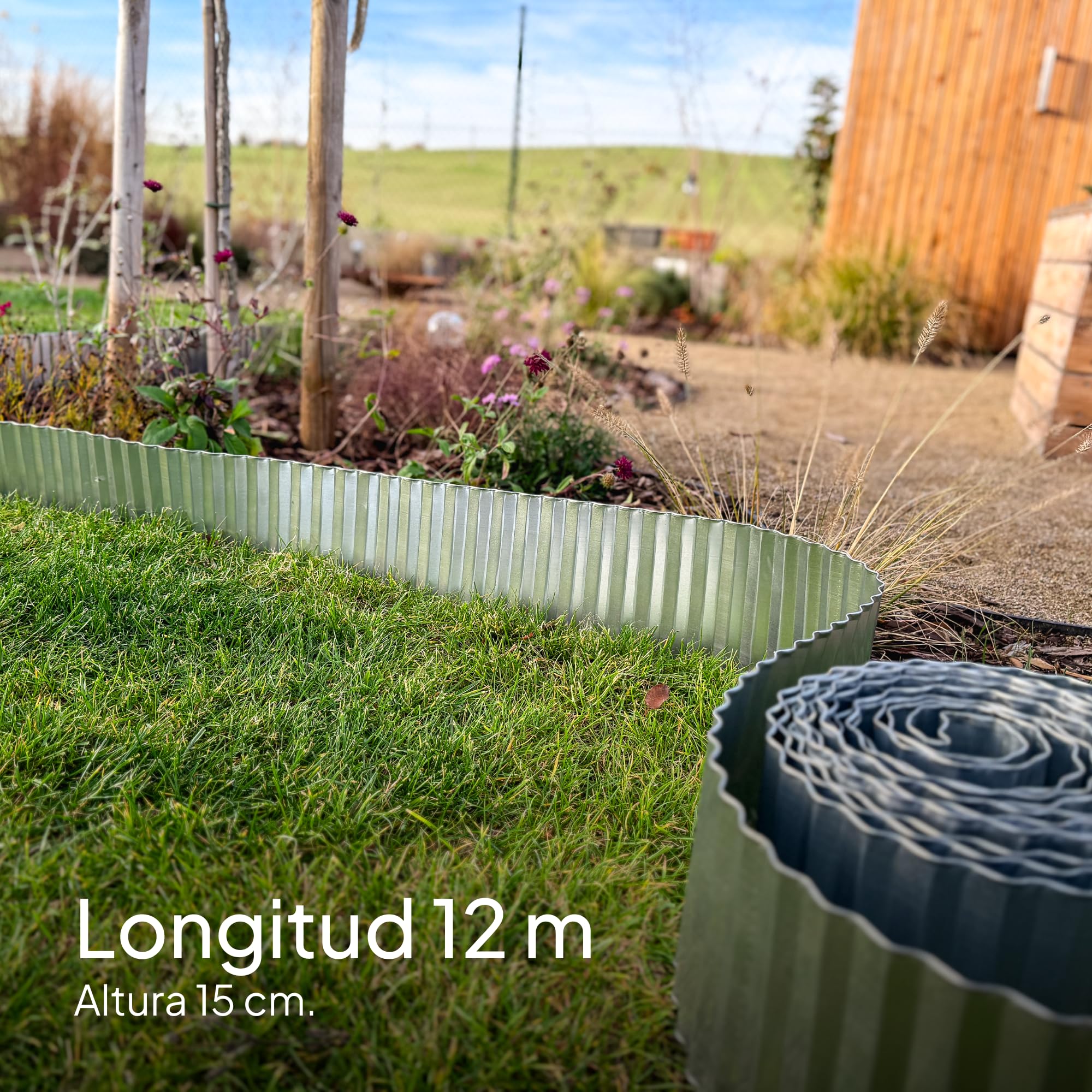 UNIGARDIA Bordura Galvanizada de 12 m - Borduras Jardín Metálicas de 15 cm de Altura - Fácil de Instalar - Separador Jardín Exterior Ondulado - Inoxidable y Duradero, Incluye 1 Par de Guantes