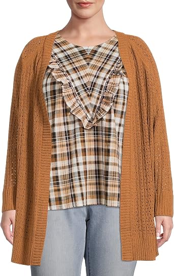 Womens Plus Size Chenille Pointelle Cardigan Brown, 3X