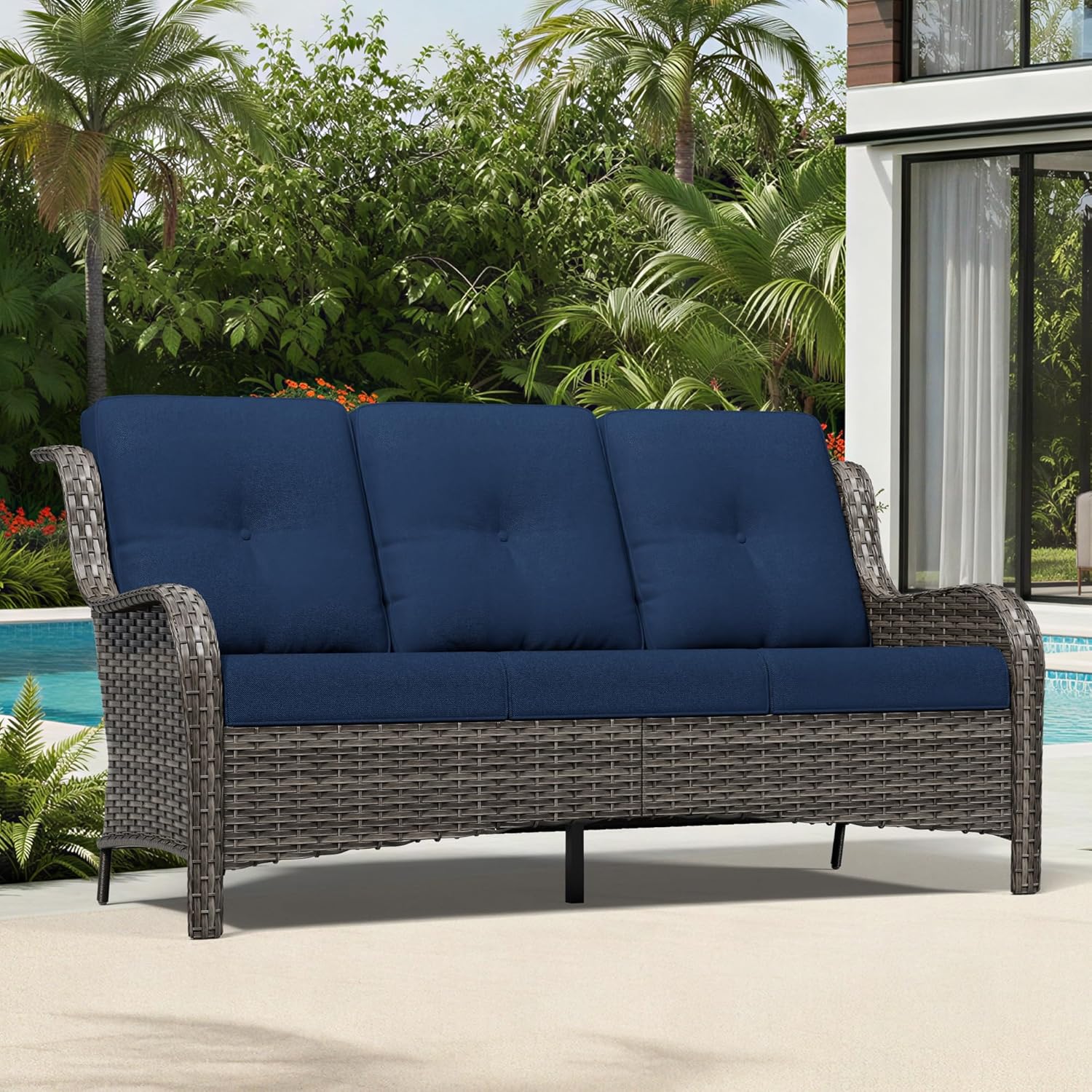 Joyside Outdoor Patio Couch, 3 Seater Outdoor Wicker Sofa with High Back, Deep Seating, Wide Armrest, Thickened Cushions, Patio Sofa for Deck, Porch Use