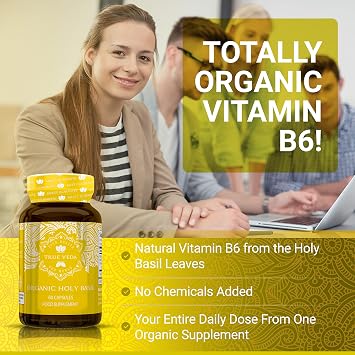 True Veda Holy Basil Leaf Capsules | USDA Organic | Tulsi Holy Basil Supplement | Organic Vitamin B6 | High Strength 2.5% Ursolic Acid Extract | 60 Vegan Pills