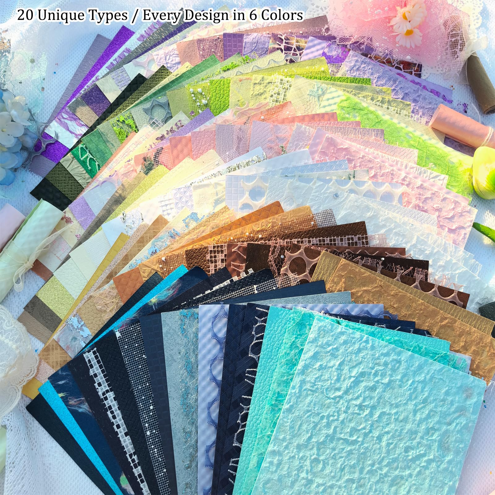 Wielobarwny papier teksturowany i tkanina siatkowa, 120 arkuszy papieru do scrapbookingu