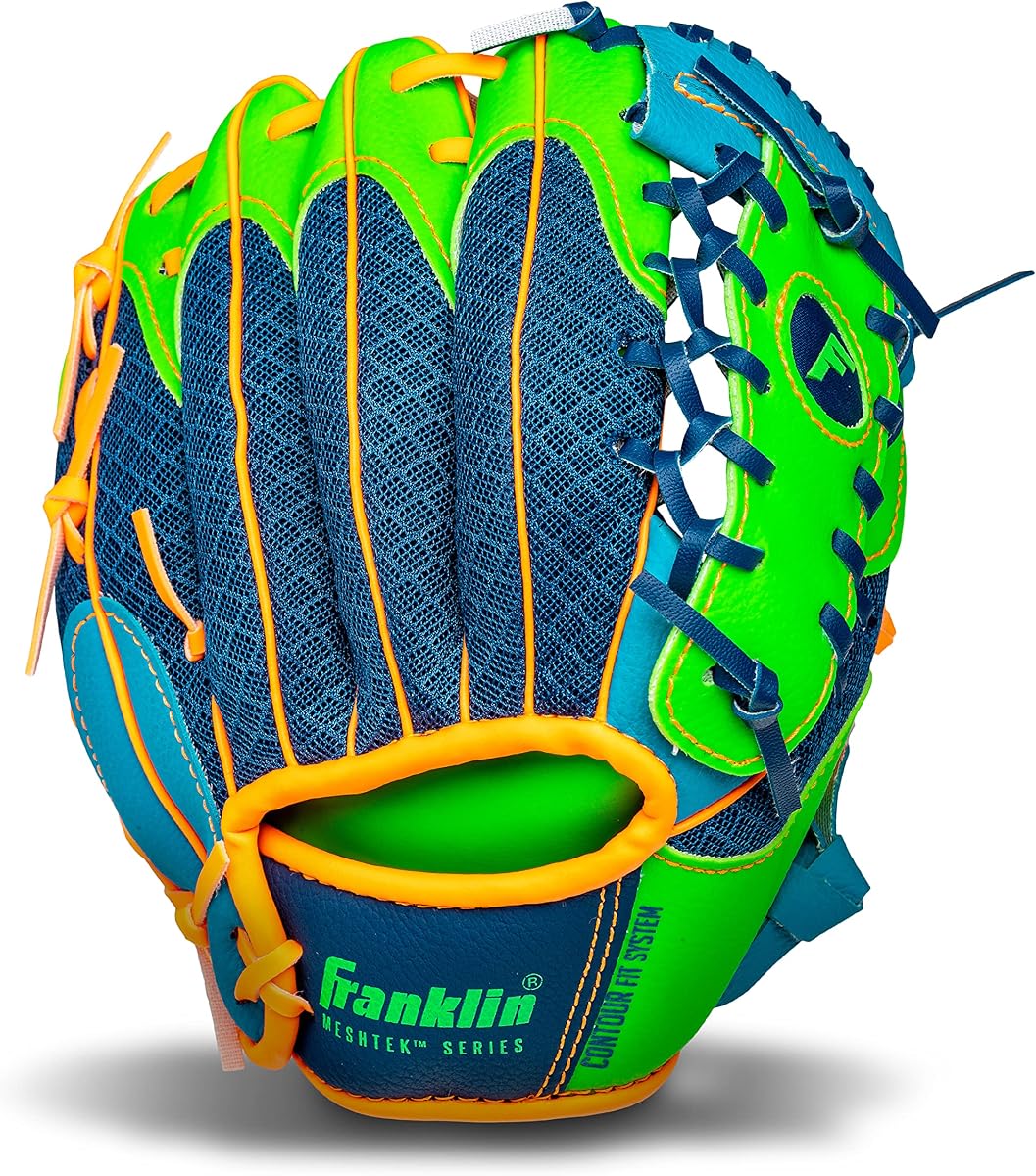 Franklin Sports Teeball Meshtek Gloves, Navy/Lime/Orange, Right Hand Throw, 9.5" | No Break-In Soft Mesh Design, Hand-Formed Contour Pocket, Perfect for New Players, Right + Left Hand Throw Options