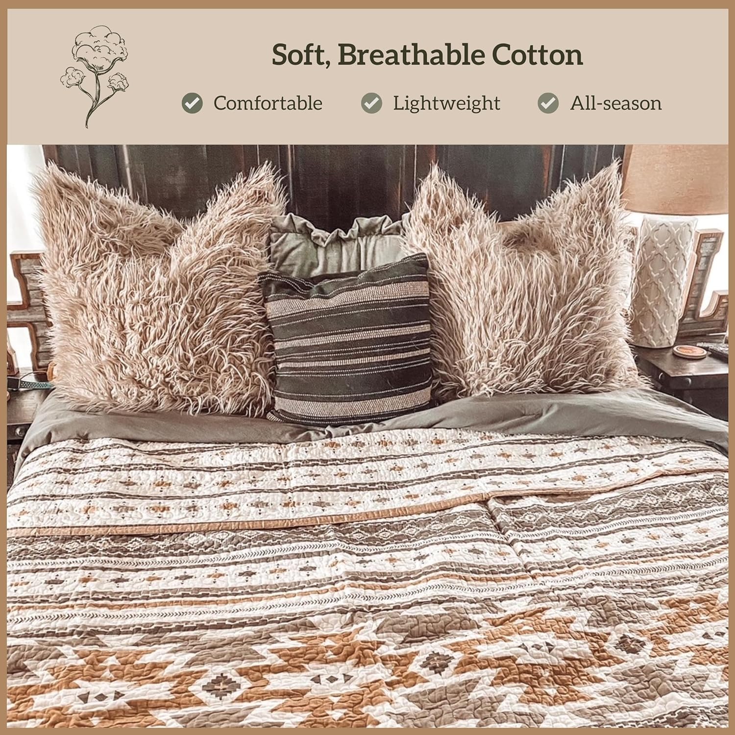 Paseo Road Desert Sage King Quilt Set, 3 Piece Rustic Western Bedding Set with Pillow Sham, Lightweight Reversible Cotton Quilt with Southwestern Aztec Pattern, Soft Breathable Cozy Boho Bedding - Image 3
