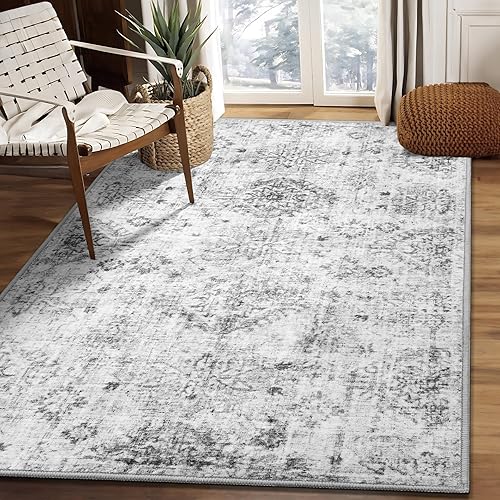 Alfombra gris lavable de 3 x 5 pies para dormitorio, sala de estar, cocina, entrada, baño, estilo bohemio, vintage, azteca, envejecida, lavandería,