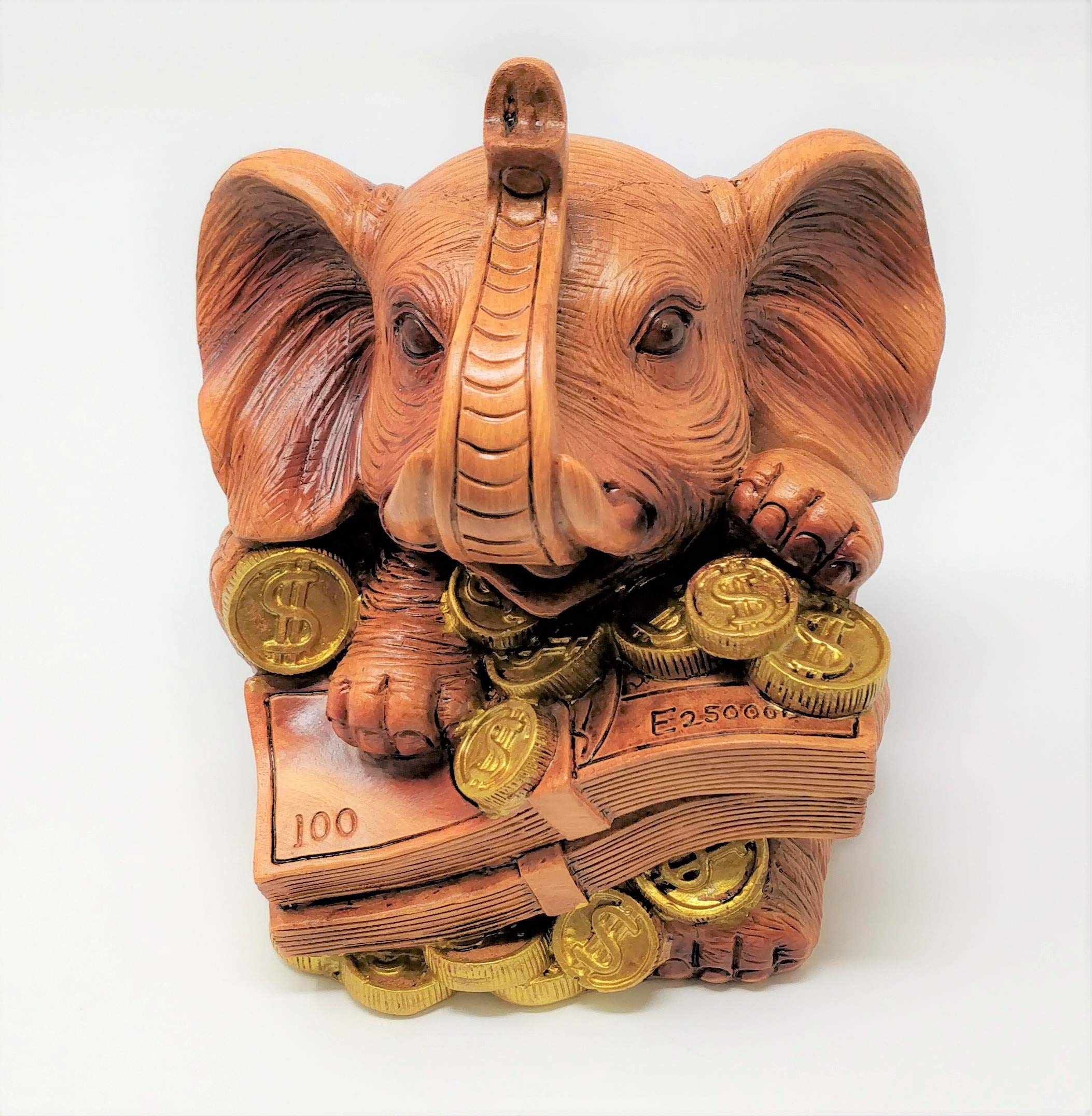 Jrose Collections Brown Feng Shui Trunk Up Elephant Ornament - Money Wood Effect - Good Luck And Prosperity Decor For Home Or Office