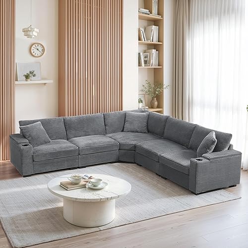 106" Convertible L Shaped Sectional Sofa,Corduroy Corner Couch with Armrest Storage,Cup Holders,USB Charger,Irregular Corner,Oversized Comfy Modular Sofa for Living Room,Apartment,2 Colors