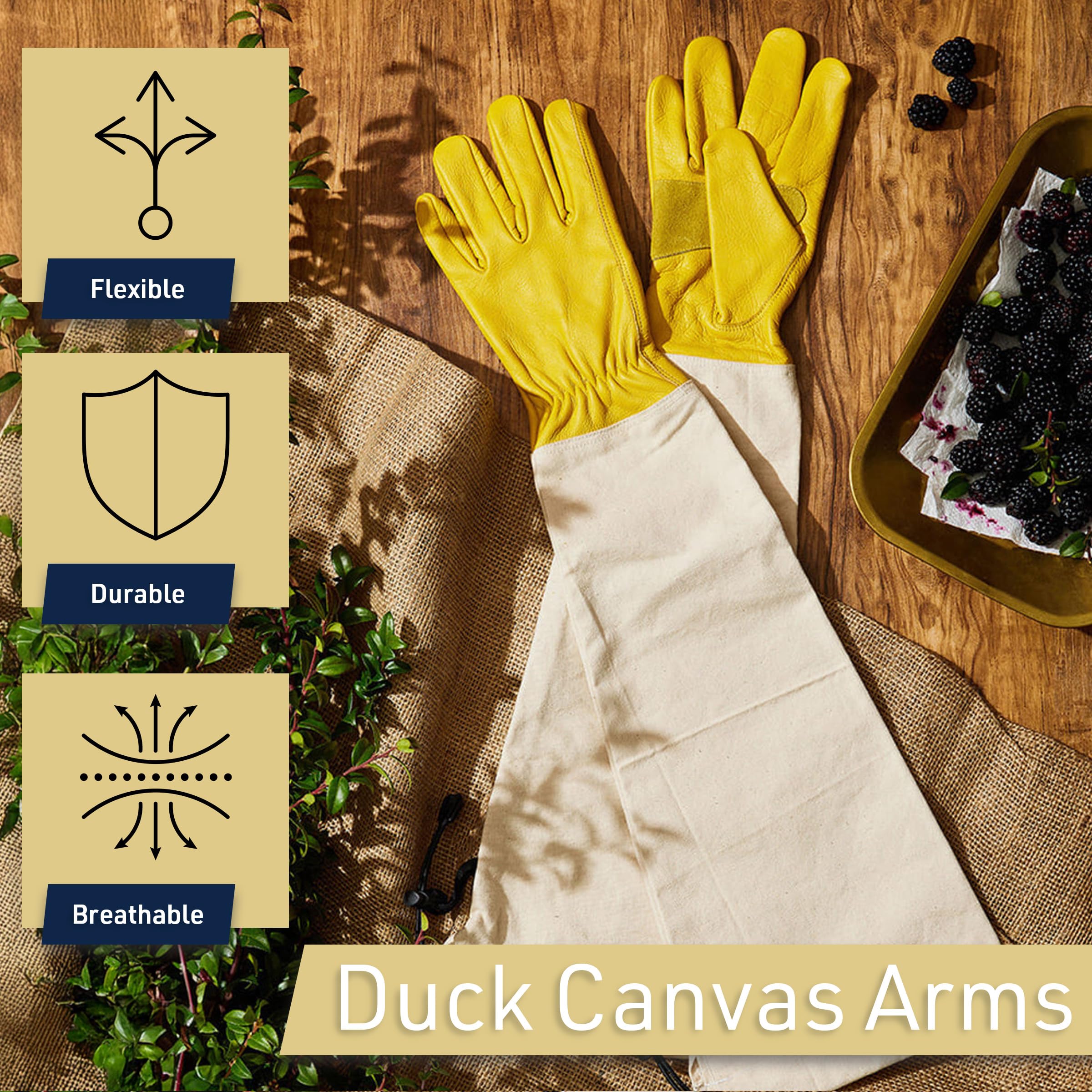 Kings County Tools Lange Gartenhandschuhe für Damen und Herren - Atmungsaktive Canvas und dornfeste Leder Gartenhandschuhe mit Armschutzhandschuh zum Beschneiden, Pflanzen, Rosenkaktus oder Brombeeren