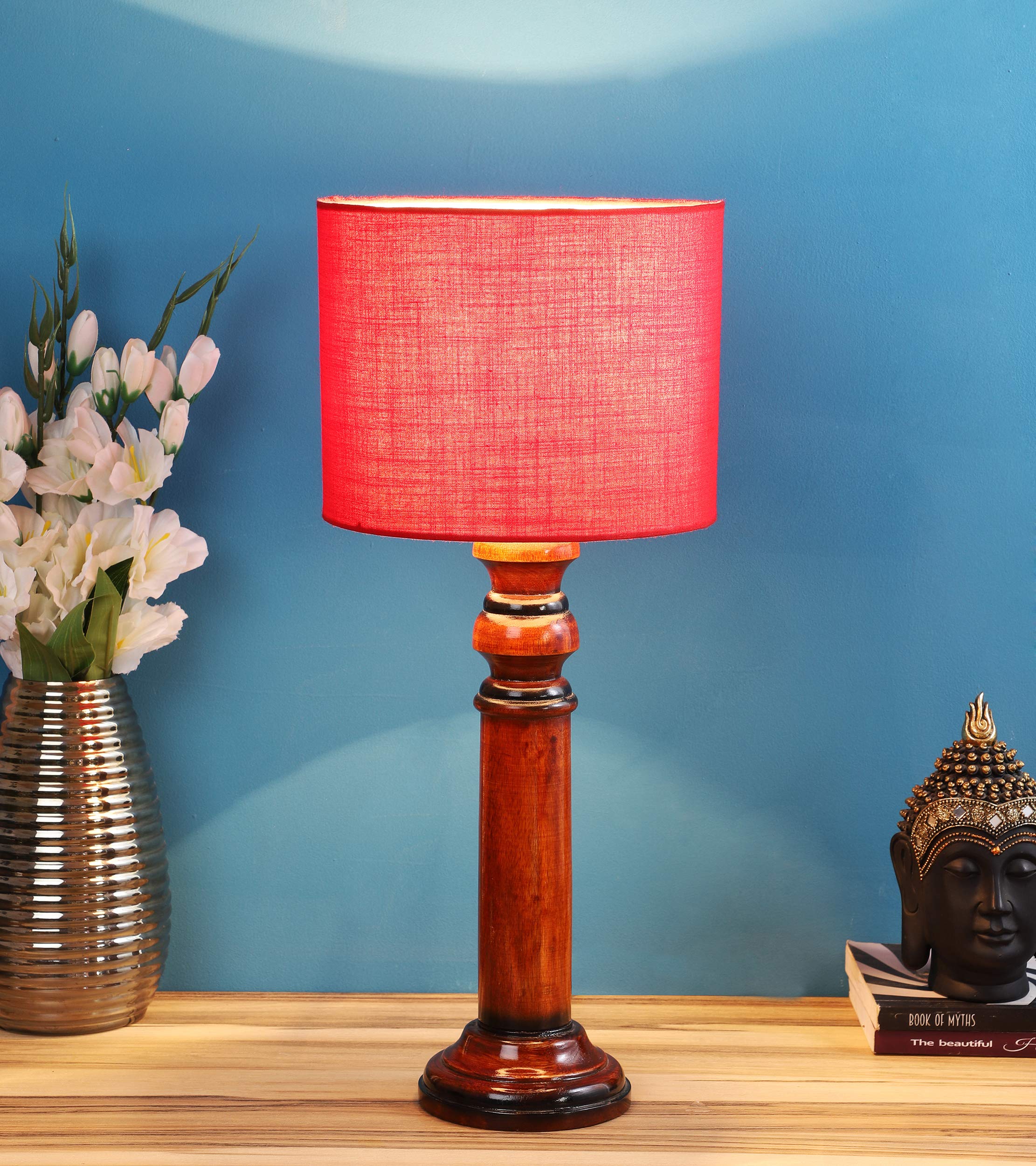 tu casa Red Cotton Shade with Brown Mango Wood Base Table Lamp | Elegant Bedside & Desk Lamp for Bedroom, Living Room, Office, Home Décor & Gifting (Height : 21 Inch/No Blub Included)-image-12