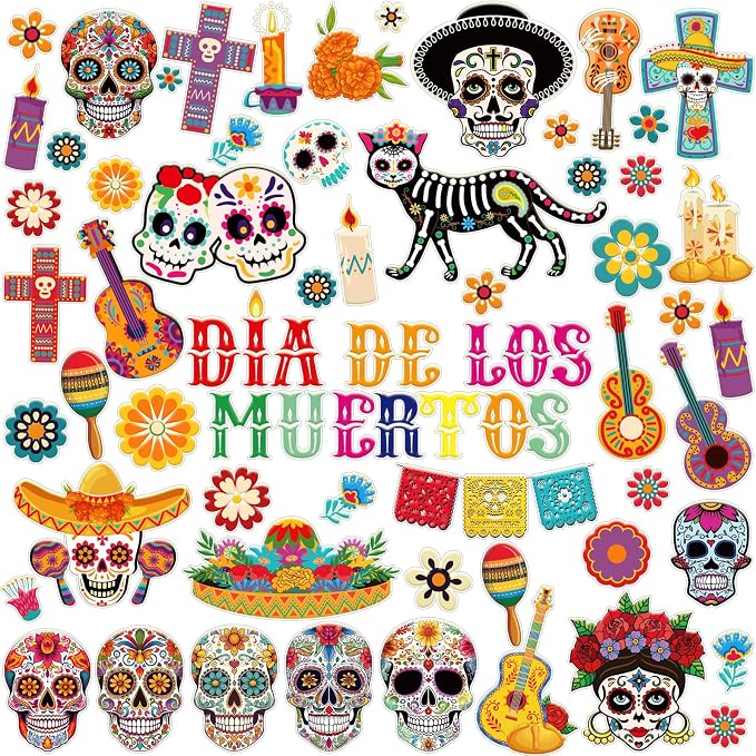 Tellingyou 89pcs Day of The Dead Stickers, Sugar Skull Window Clings Decor