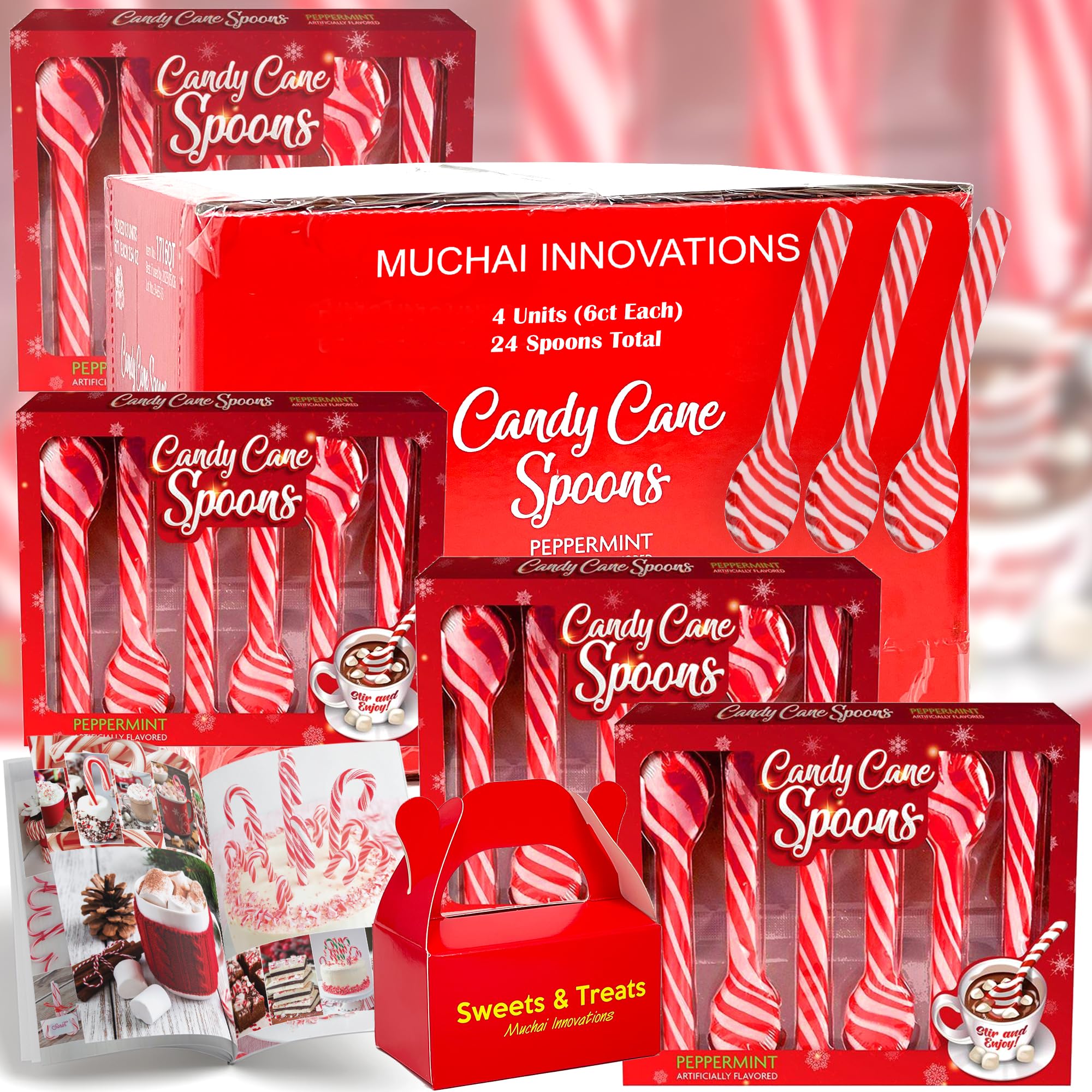 Candy Cane Peppermint Spoons | Edible Stirring Beverages Hot Chocolate Cocoa Tea Coffee Cocktail | Holiday Christmas Gift | Muchai Treat Box & Idea Booklet Included. (4 Units (6ct) 24 Total Peppermint Spoons)