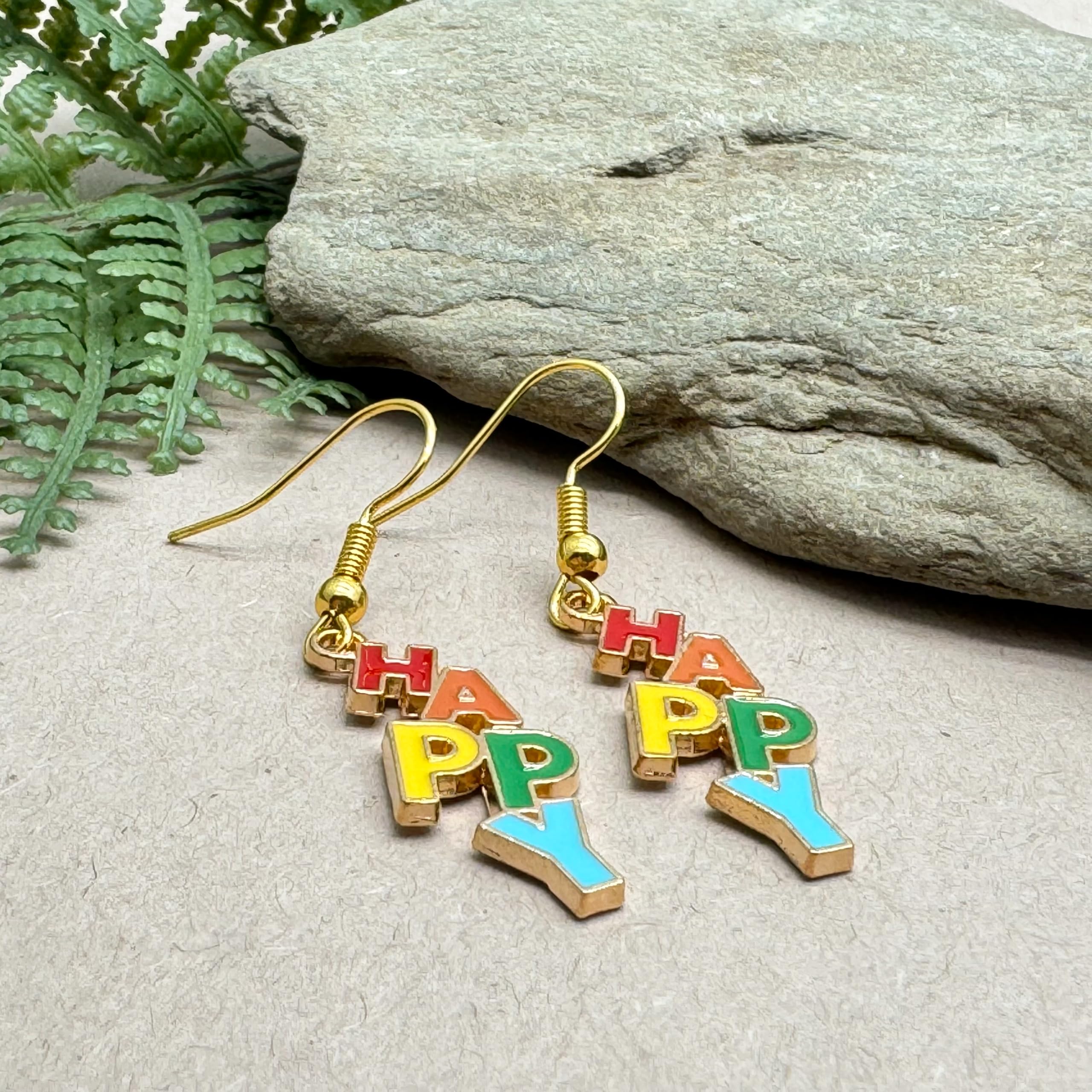 HAPPY Charm Earrings, Rainbow Enamel Charm Beads on Nickel Free Gold Tone Hooks : 45mm long - Image 4