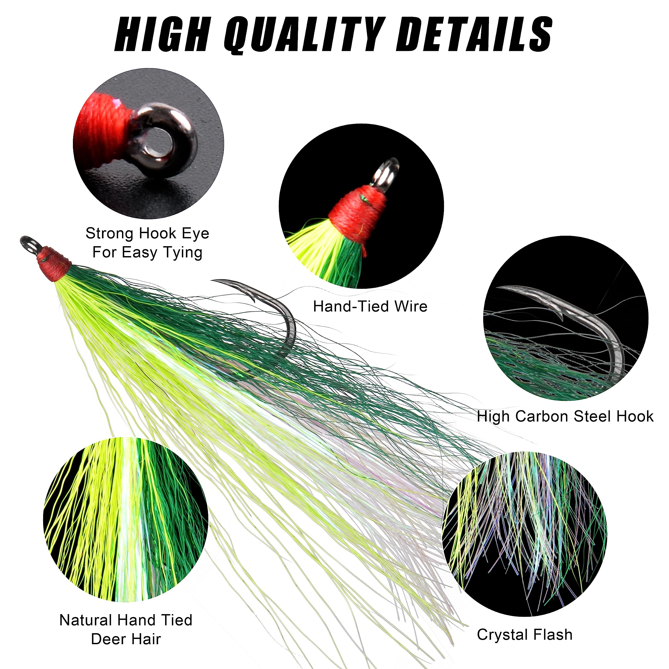 Bucktail Teasers Fishing Hooks Saltwater, 10pcs Fishing Teaser Lures Crystal Mylar Flash Teasers Jig Hooks for Flounder Salmon Trout Striped Sea Bass Bluefish Yellow&Green
