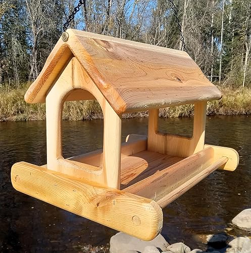 Miniatura 3 de 16 pulgadas colgante de madera de cedro arqueado mosca a través de la plataforma alimentador de pájaros o alimentador de ardillas para exteriores