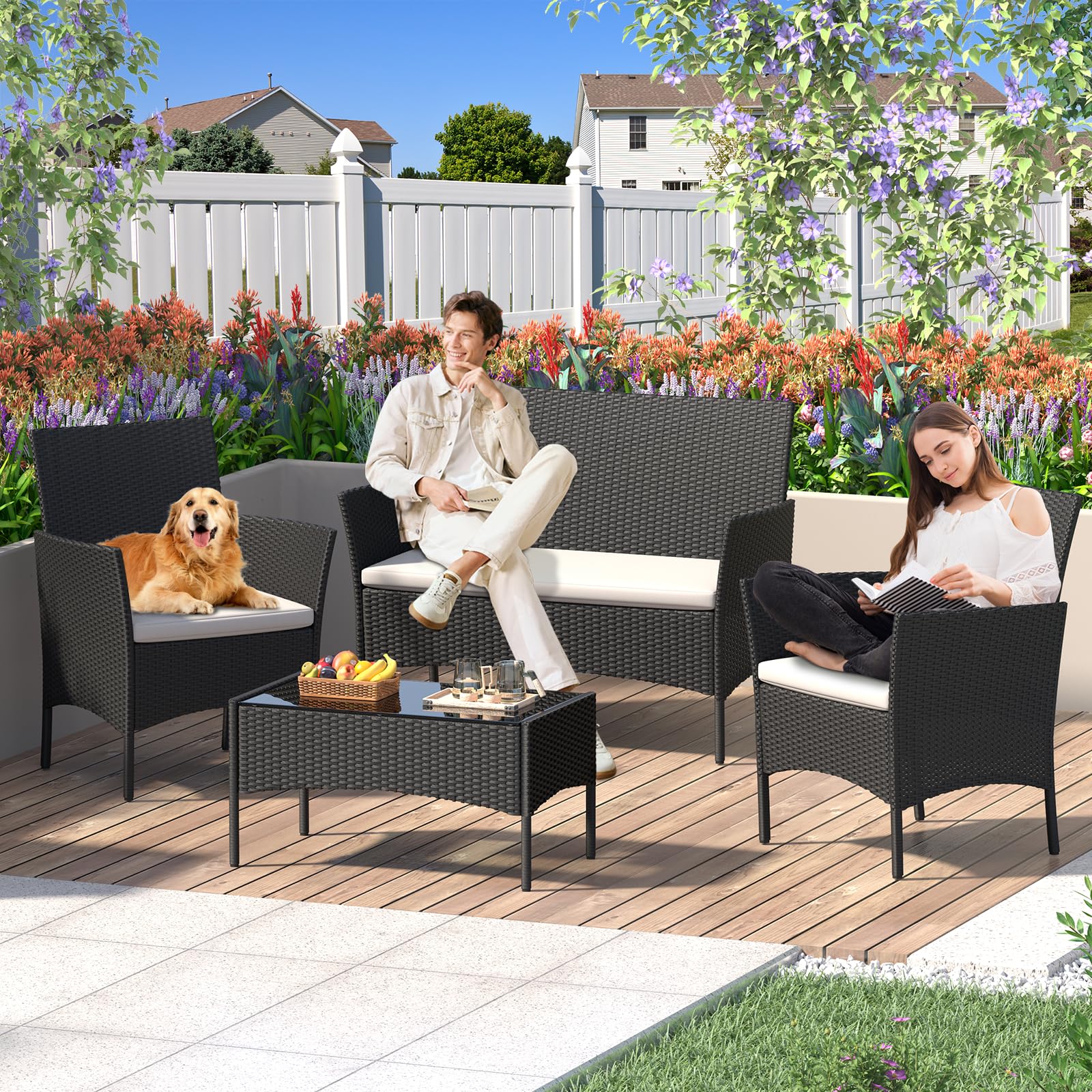 Bigzzia Juego de Muebles de Jardín de Ratán, 4 Piezas, Muebles de Ratán para Patio, Sofá de Tejido de Mimbre Incluye 2 Sillones, 1 Sofá de Doble Asiento y 1 Mesa