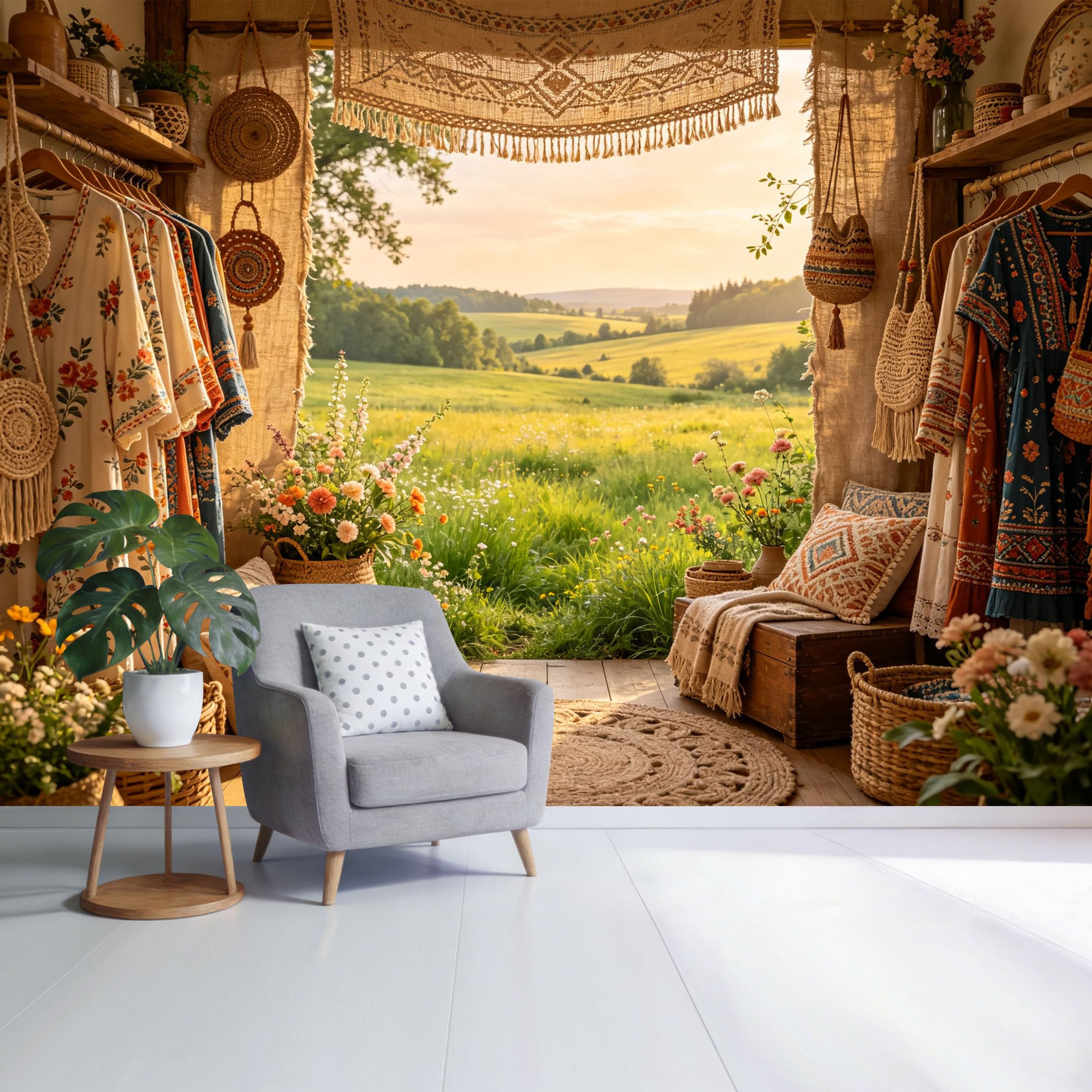 Custom Size Wall Mural Bohemian Farmhouse Rustic Bedroom Floral Meadow Landscape SelfAdhesive Wall Fabric Removable Wallpaper for Home Office Decor