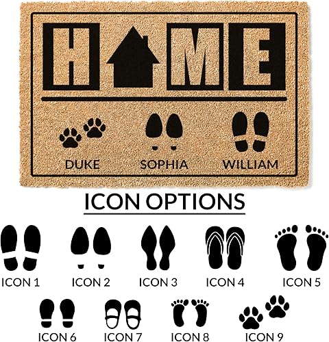 Miniatura 4 de Felpudo personalizado de fibra de coco  Personalizado con 3 nombres y 9 iconos  3 tamaños  Regalos de inauguración de la casa  Elegante felpudo para