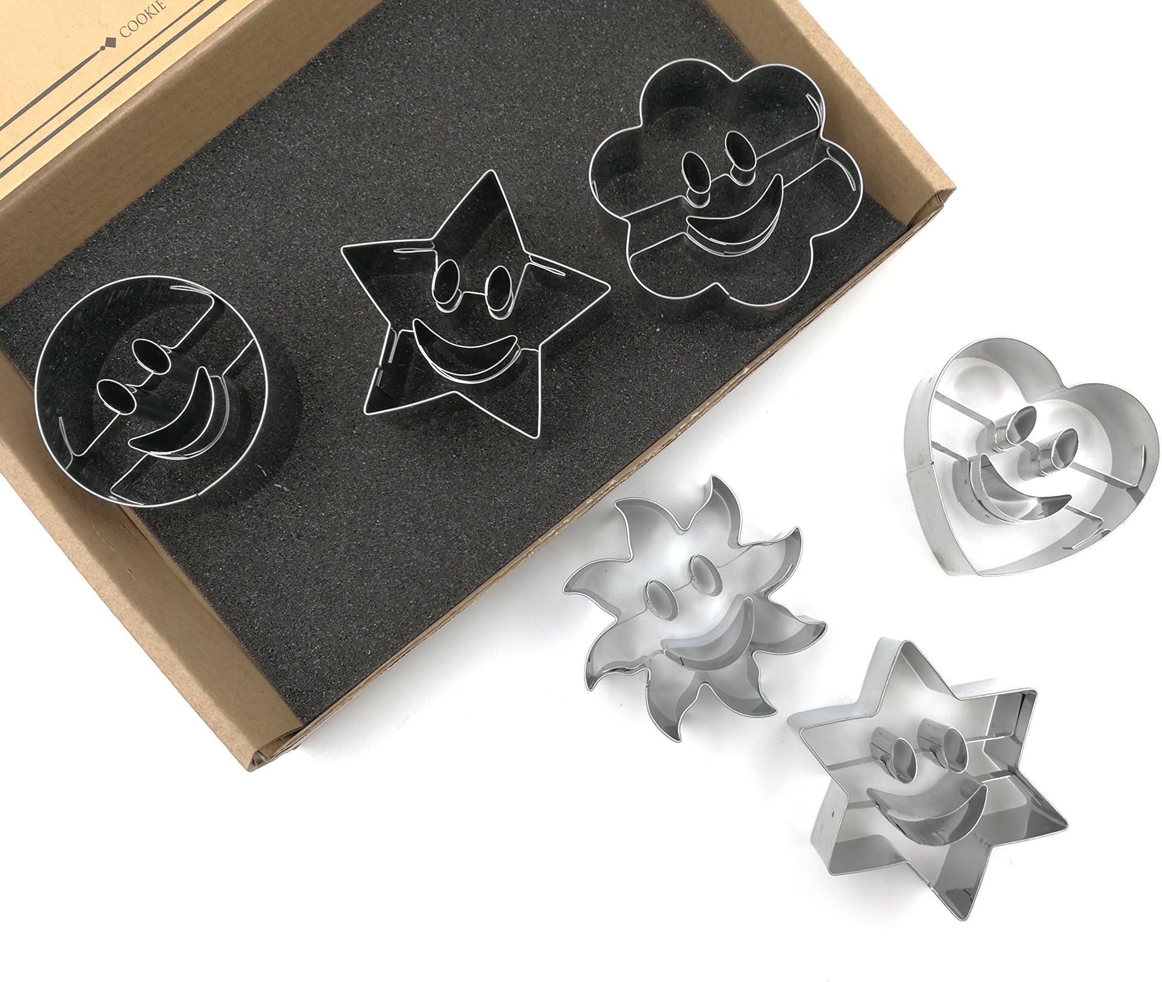 Smiley Emoji Cookie Cutters Set – 6 PC High Grade 430 Stainless Steel – Smile Face - Circle, Sun, Flower, Hexagon, Star and Heart