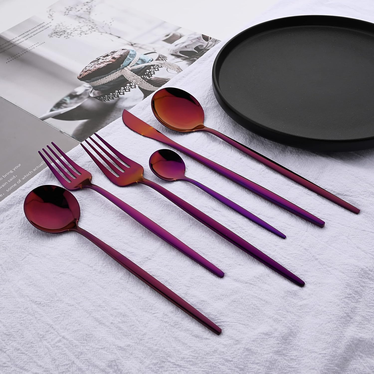 Purple Mirror Finish Silverware Set with Tea Spoon, 24 Piece Stainless Steel Flatware Set Service for 4, Kitchen Utensils Set, Tableware Cutlery Set for Home and Restaurant, Dishwasher Safe