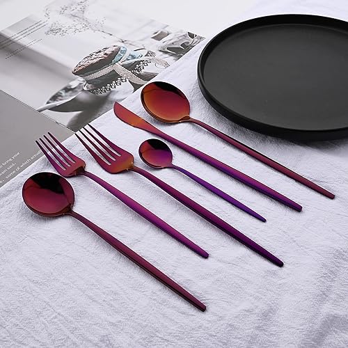 Miniatura 40 de Juego de cubiertos de 36 piezas de acero inoxidable 304 con acabado de manchas de color negro puro, cuchillo de vajilla de postre, tenedor, cuchara