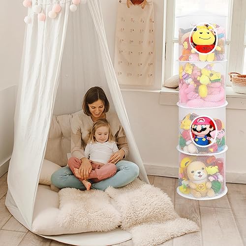 Miniatura 82 de Organizador de bolsas de malla colgante para ahorrar espacio, organizador plegable de almacenamiento de animales de peluche, 5 compartimentos,