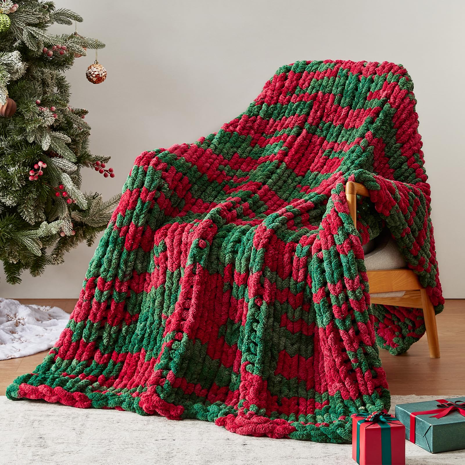 Negwoo Chunky Knit Throw Blanket, 80''*90'' Knitted Throw Chenille Yarn for Bed Couch, Handmade Stripe Crochet Big Thick Blanket, Machine Washable Cute Comfy Blanket for Home Decor