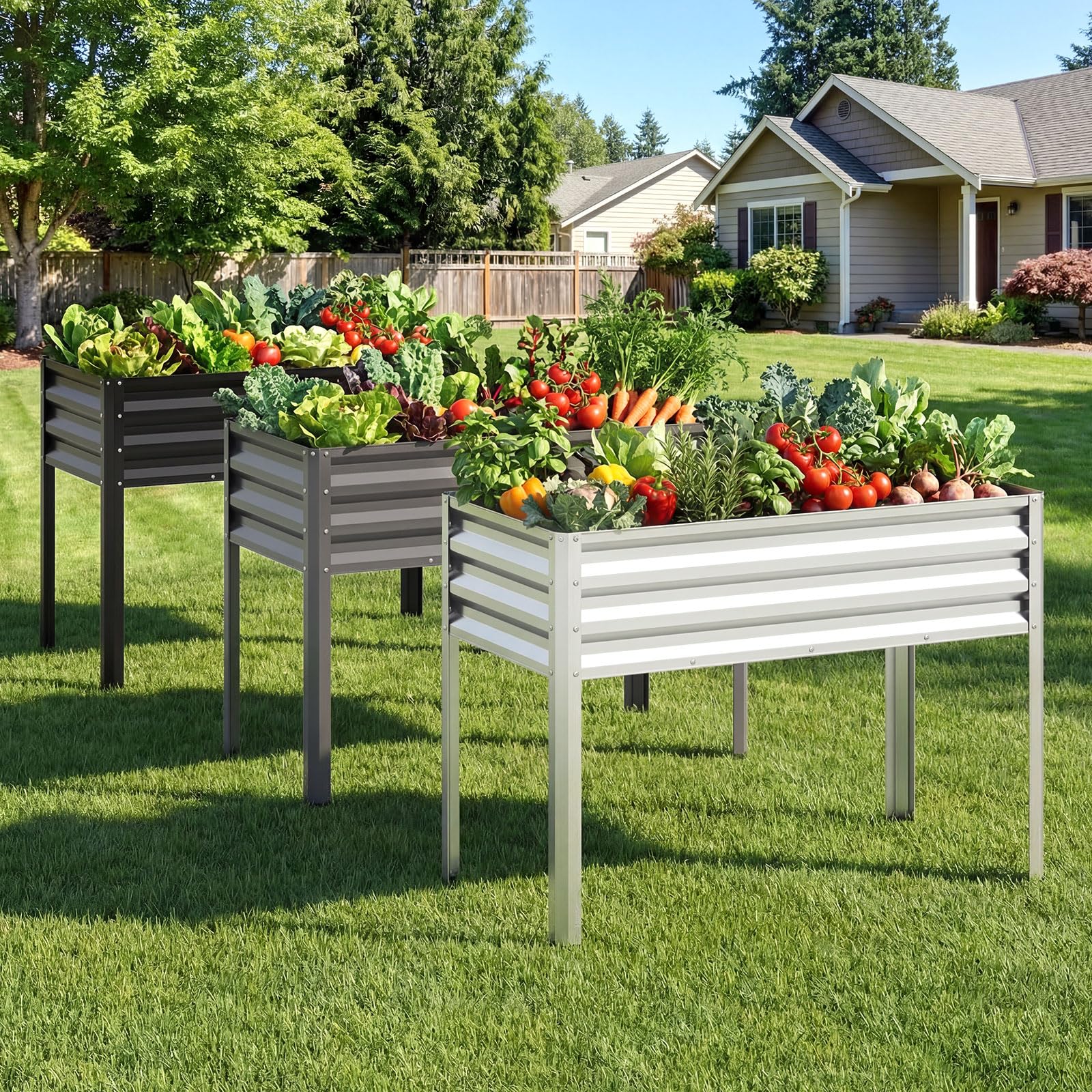 COSTWAY Huerto Urbano Terraza, Cama Elevada de Jardín de Metal con Recubrimiento Electroforético y Orificios de Drenaje, Jardinera Exterior Grande para Verdura, Flor, Fruta, 112x55x81 cm (Plateado)