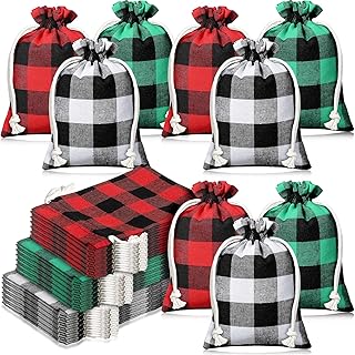 Shappy 45 Pieces Small Christmas Burlap Bags with Drawstring Reusable Christmas Buffalo Plaid Treat Goody Bags for Xmas Holiday New Year Party Favors Supplies(Multicolored, Plaid)