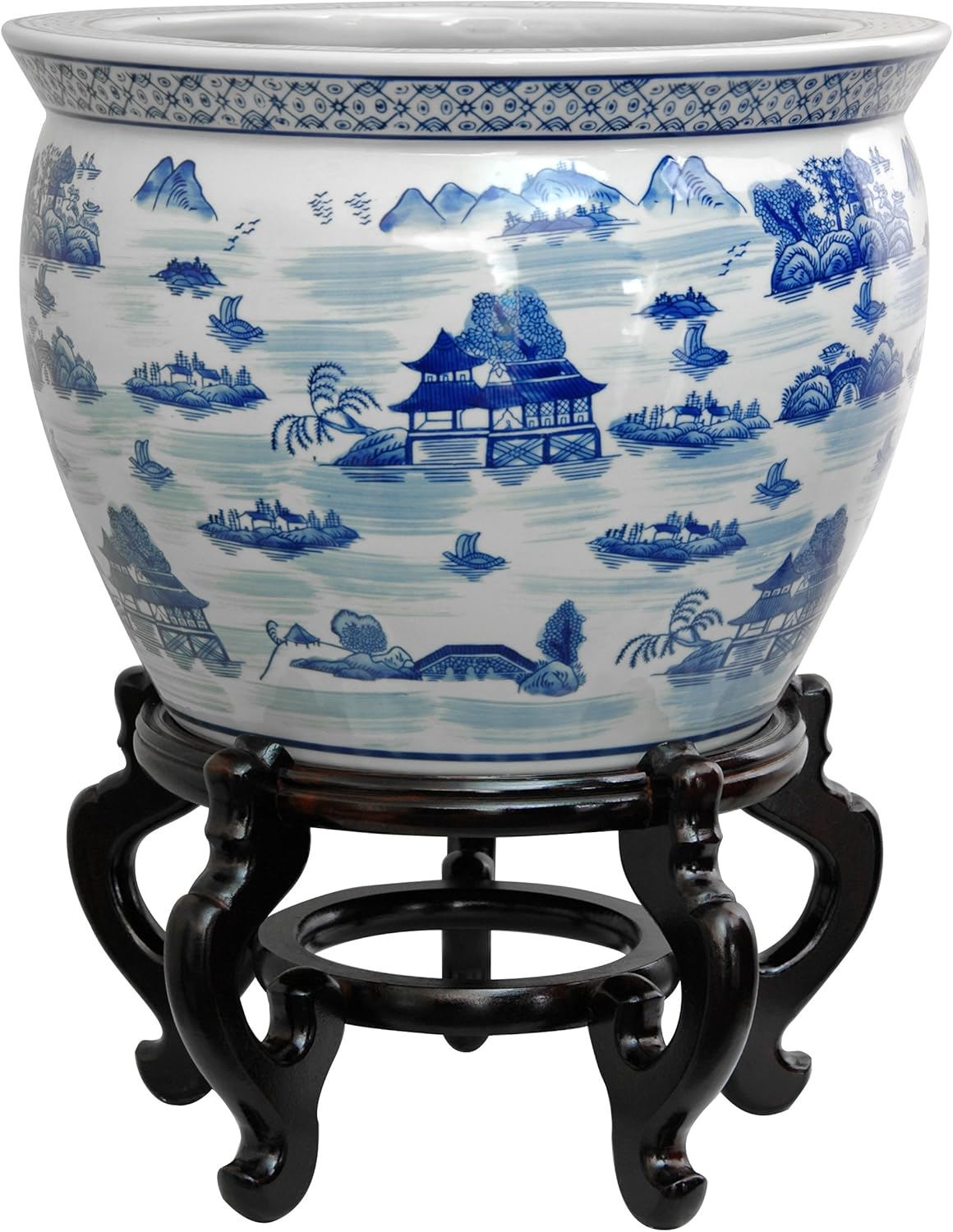 Oriental Furniture 16" Landscape Blue & White Porcelain