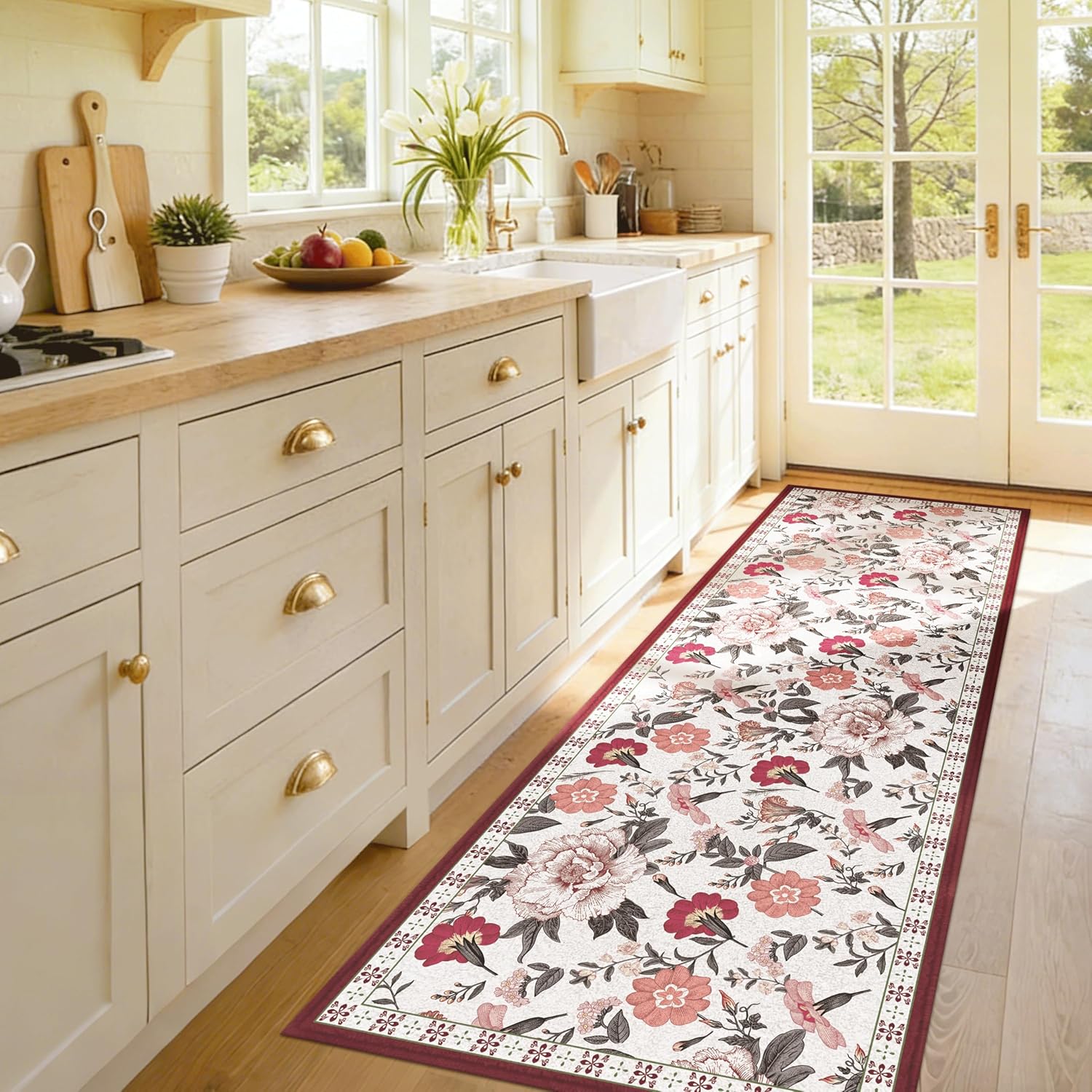 2x6 Hallway Runner Rug, Washable Soft Non Slip Low Pile Runner Rugs Modern Farmhouse Decor Floor Carpet for Kitchen Bedroom Laundry Red Floral