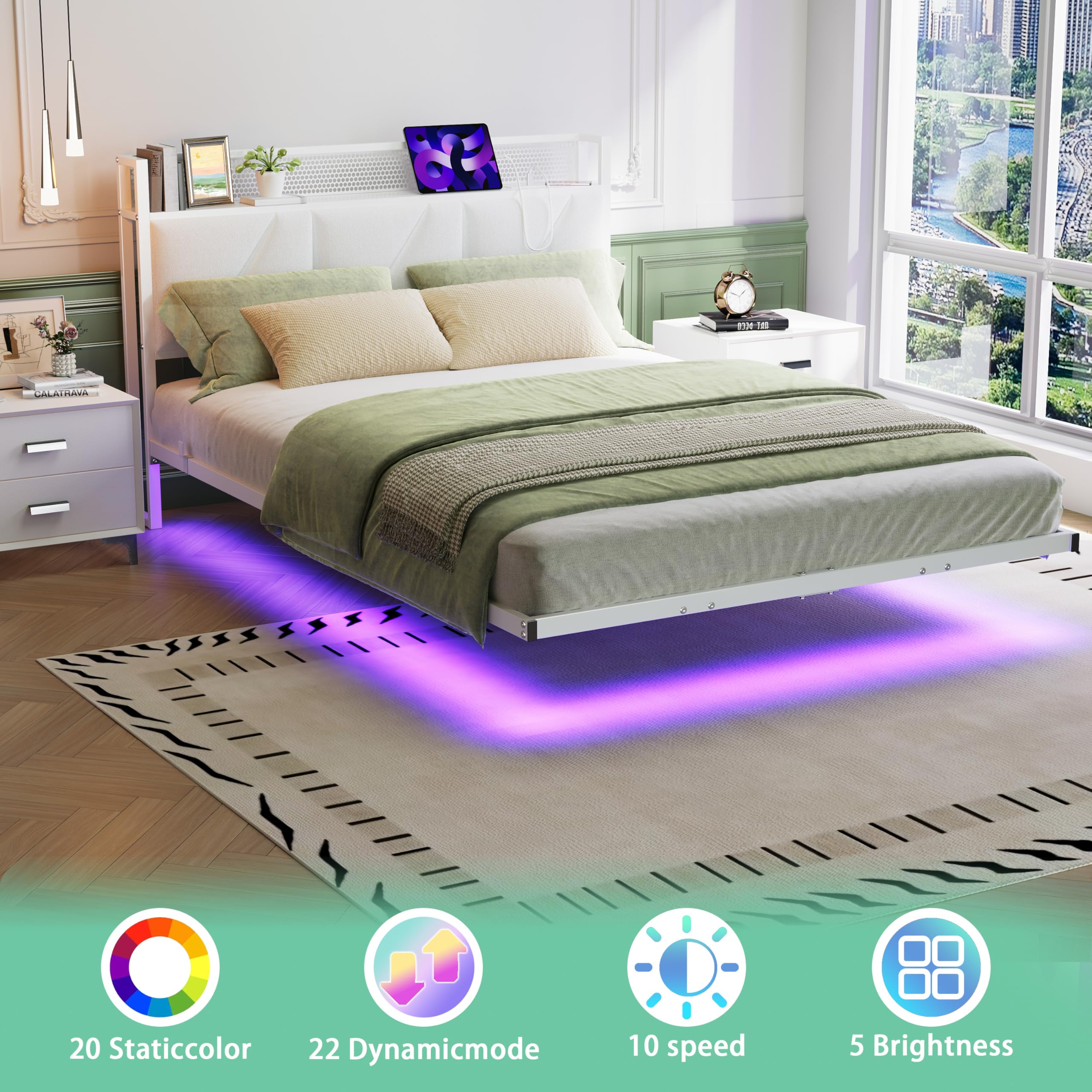 Marco de cama flotante de 120 x 200 cm con luces LED y estación de carga USB, marco de cama de plataforma metálica con cabecero acolchado y almacenamiento, listones de metal resistentes, libre