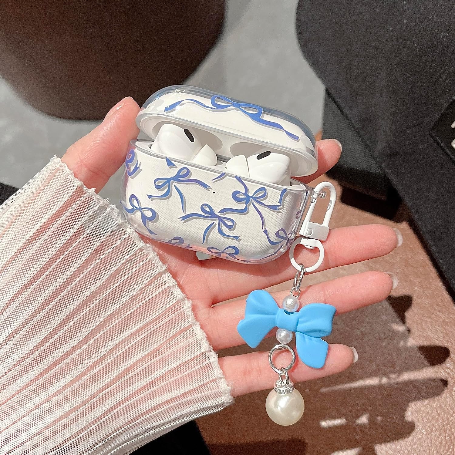 MINSCOSE for AirPods Pro 2nd/1st Generation Clear Case,Cute Ribbon Bow Pettern Design with Lovely Bow Pearl Keychain,Soft TPU Protective Shockproof Case for Airpods Pro/Pro 2-Dark Blue image 4