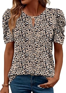 Women's T-Shirts Crew Neck Top Short Sleeve Blouse Pleated Gigot Sleeve Tops Dressy Fashion Tunic Blouses Shirts