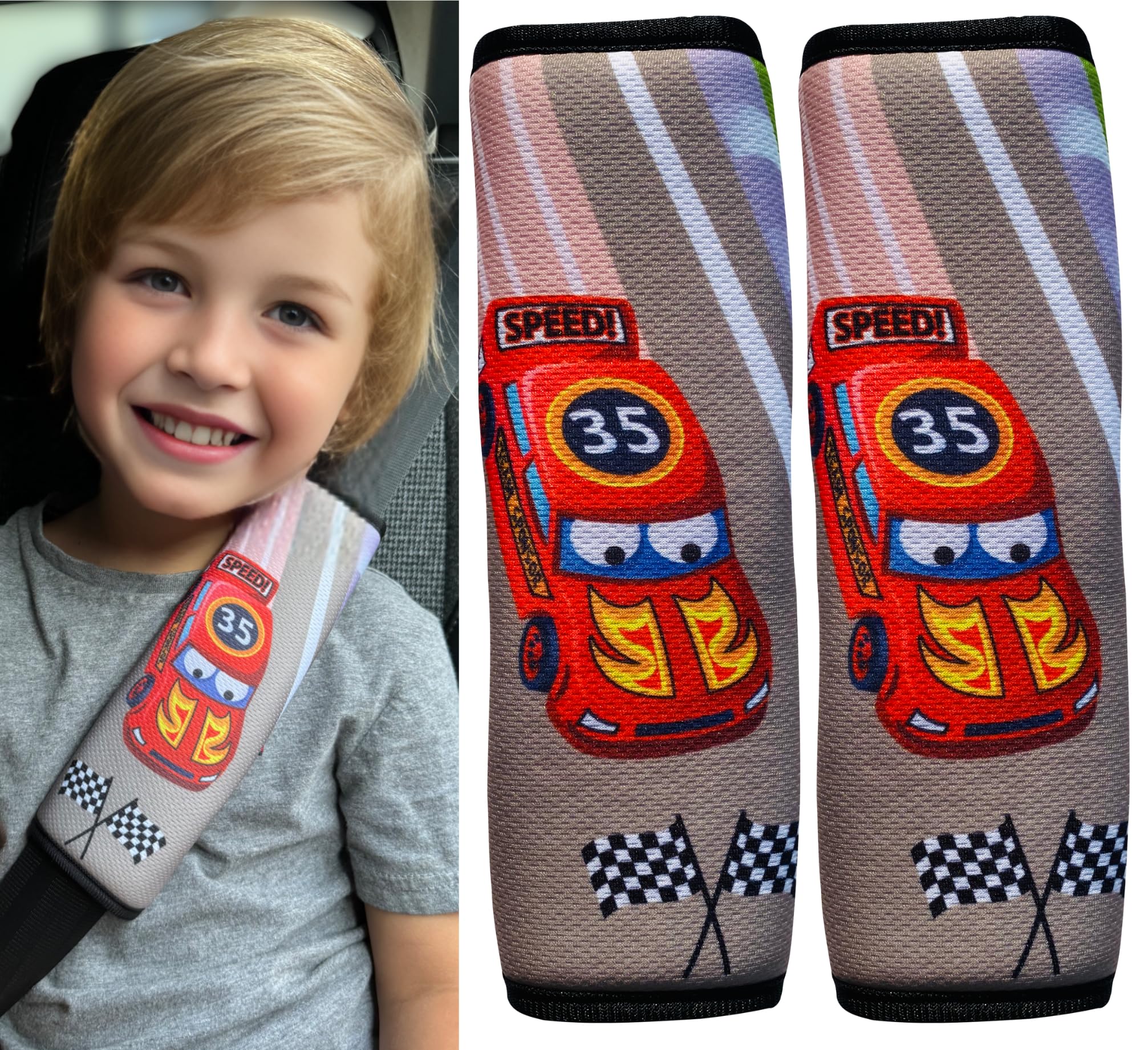 HECKBO 2x Kinder Auto Gurtpolster Gurtschutz Racing Rennauto Motiv - Mädchen Sicherheitsgurt Polster für Kinder und Babys- Ideal für jeden Gurt Autositzerhöhungen Kinder Fahrradanhänger Fahrrad