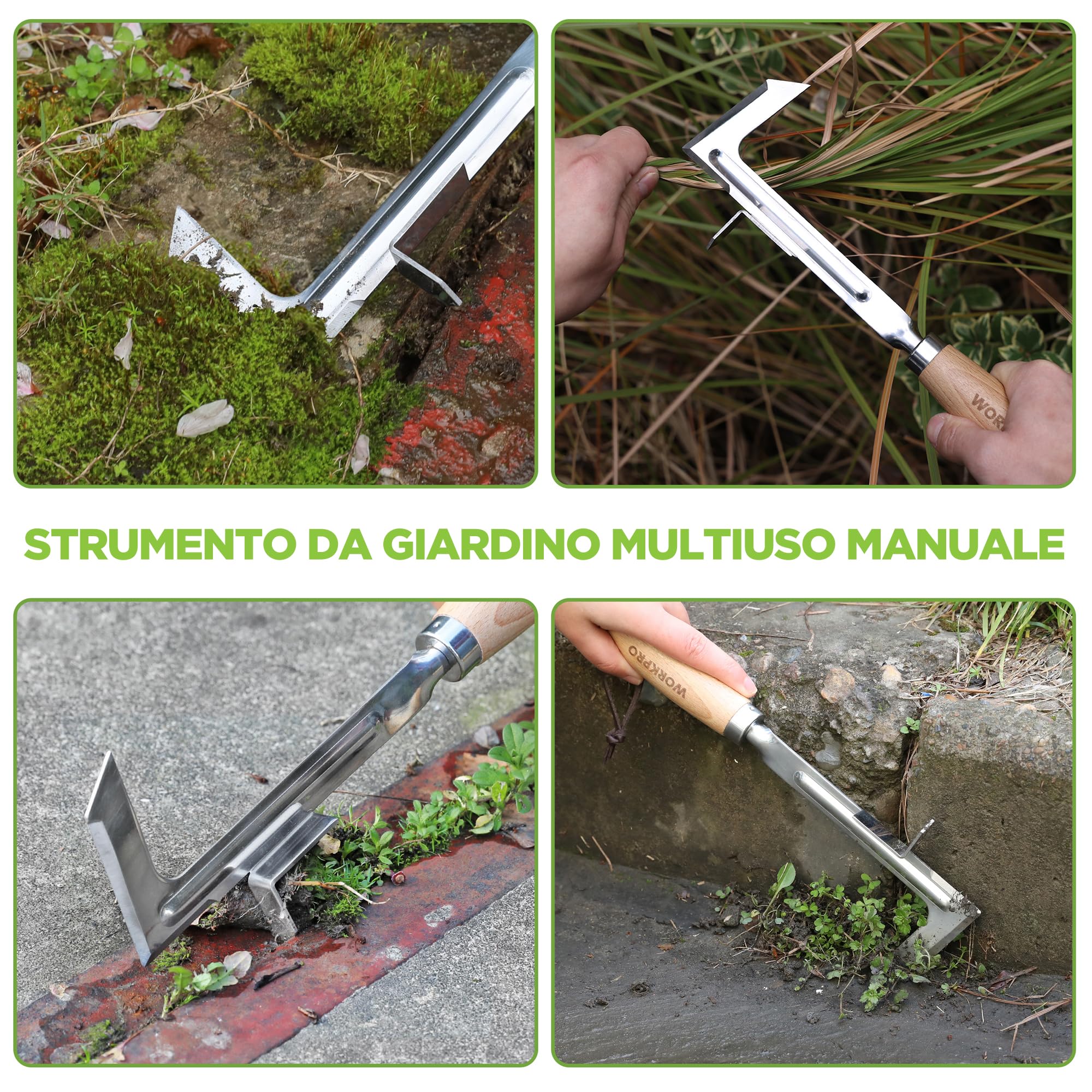 WORKPRO Estirpatore Erbacce Manuale da 30,5 cm con Manico in Legno, Attrezzo per Togliere Erbacce in INOX - Spatola Diserbante a Forma di L per Viali, Giardini, Terrazze, Pavimentazioni e Muschio