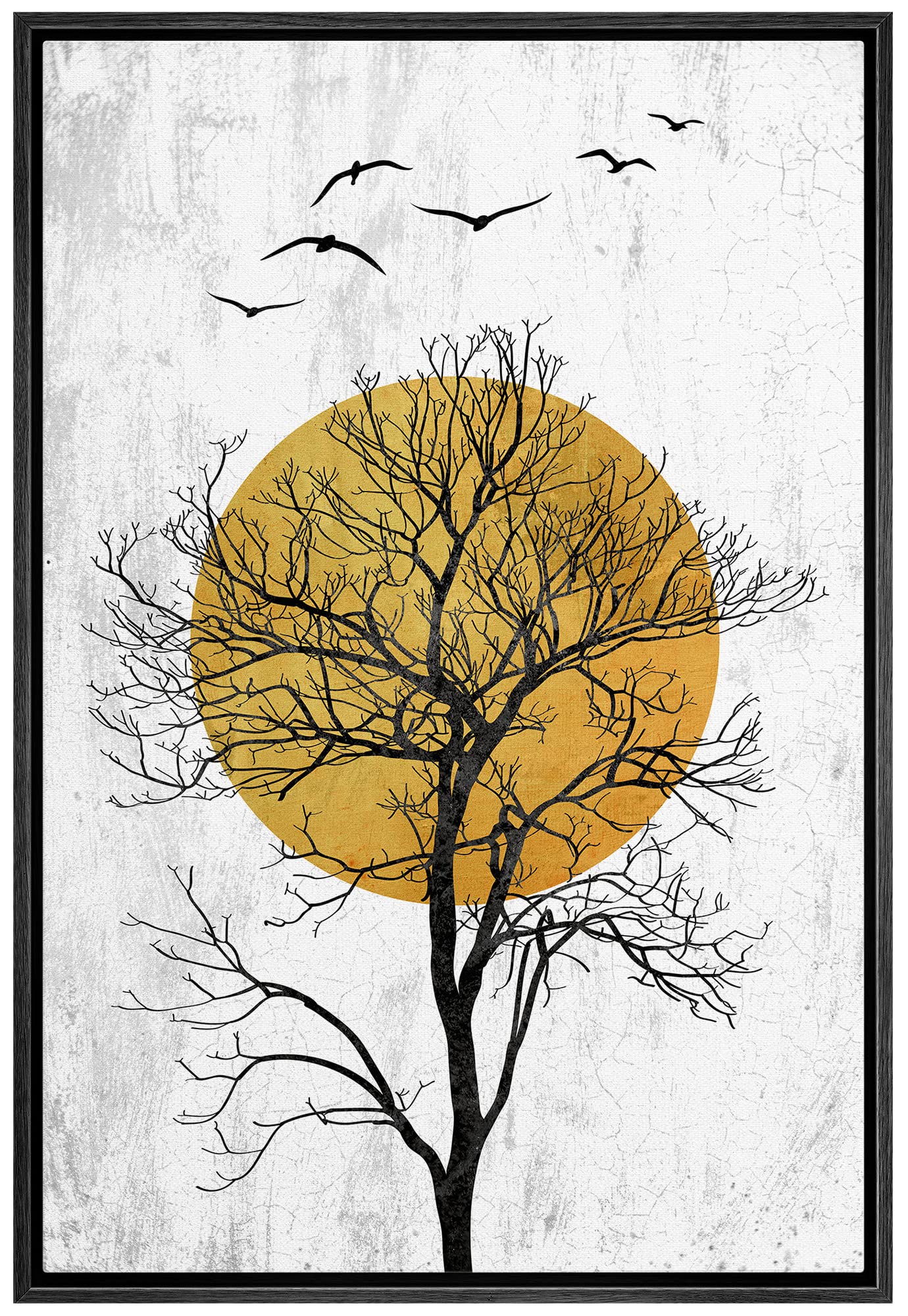 wall26 Framed Canvas Print Wall Art Yellow Vibrant Sun Black Forest Tree Birds Nature Animals Digital Art Modern Art Rustic Relax/Calm Multicolor for