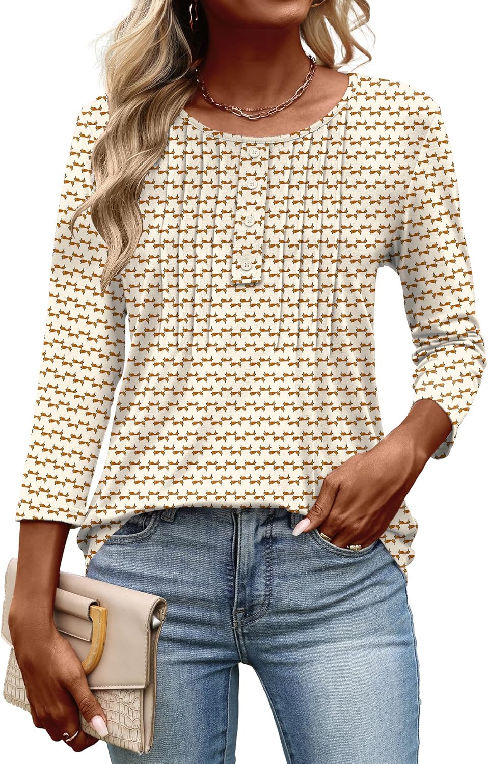 Ivicoer Women's 3/4 Length Sleeve Tops Crewneck Button Pleated Dressy Casual Blouses - Image 2