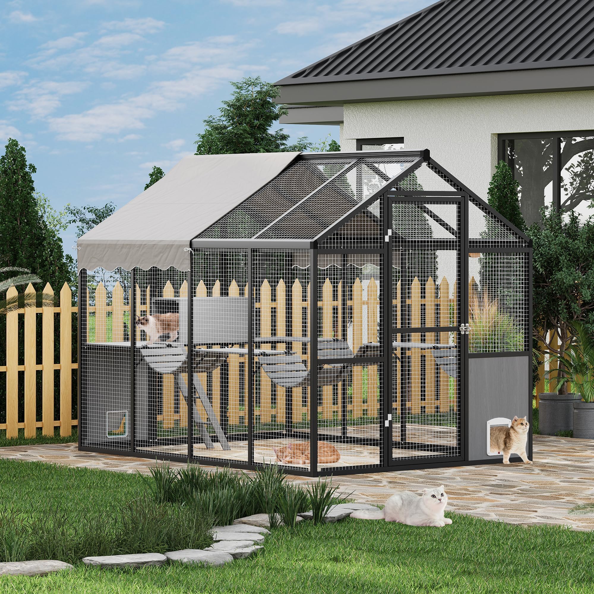 Garvee Recinto gatti da esterno ampio in alluminio – Catio walk-in con canale – Porta laterale – Copertura UV e piattaforma – Ideale per più gatti – 190-4 Cat Room