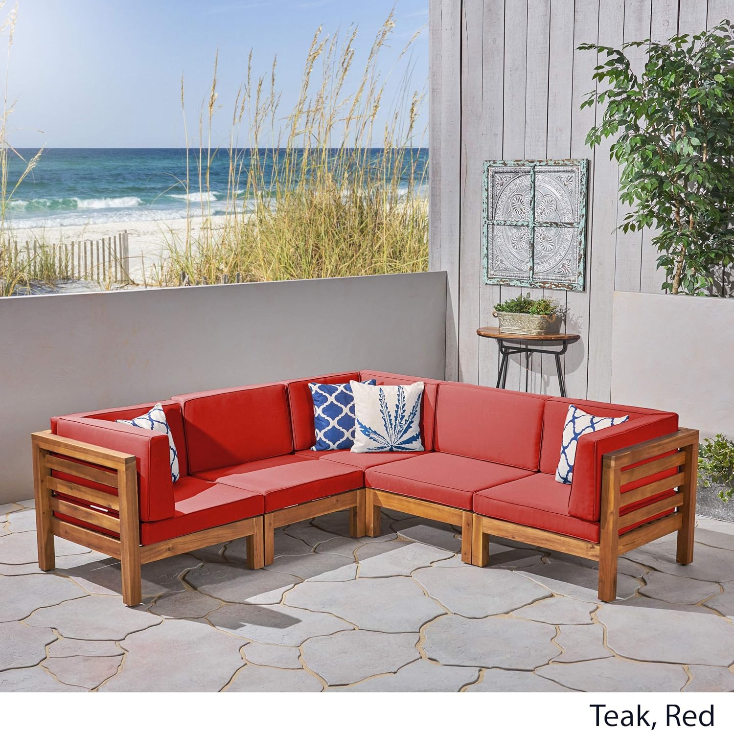 GDFStudio Outdoor V-Shaped Sectional Sofa Set - 5-Seater - Acacia Wood - Outdoor Cushions - Teak and Red