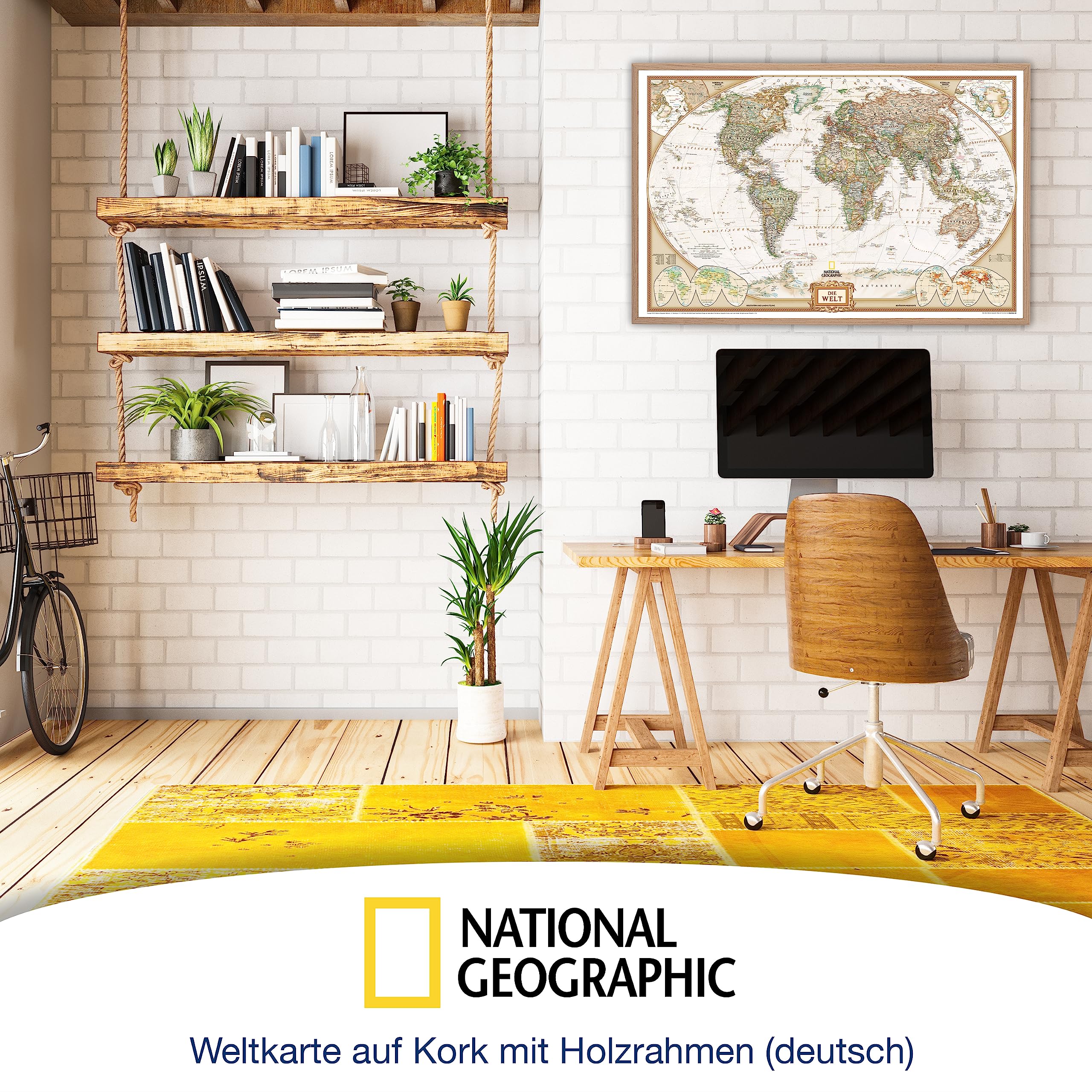 ORBIT Globes & Maps - Weltkarte mit Kartenbild von National Geographic - Pinnwand mit Holzrahmen, Aktuell 2025, 90x60 cm, deutsch, Maßstab 1:46 Mio mit Fähnchen und Pins sowie Befestigungsmaterial