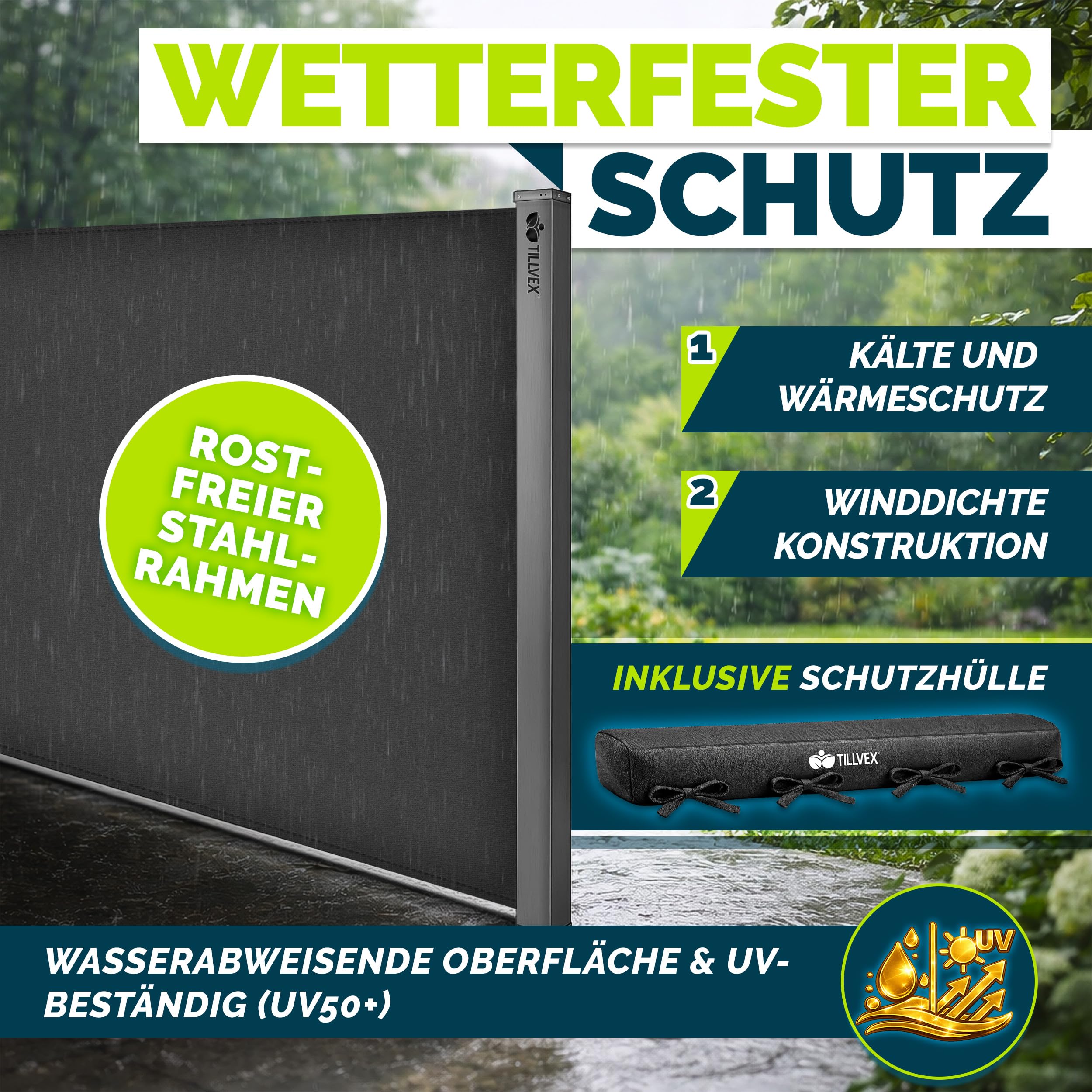 tillvex® Seitenmarkise 160 x 300 cm ausziehbar & Blickdicht mit Regencover