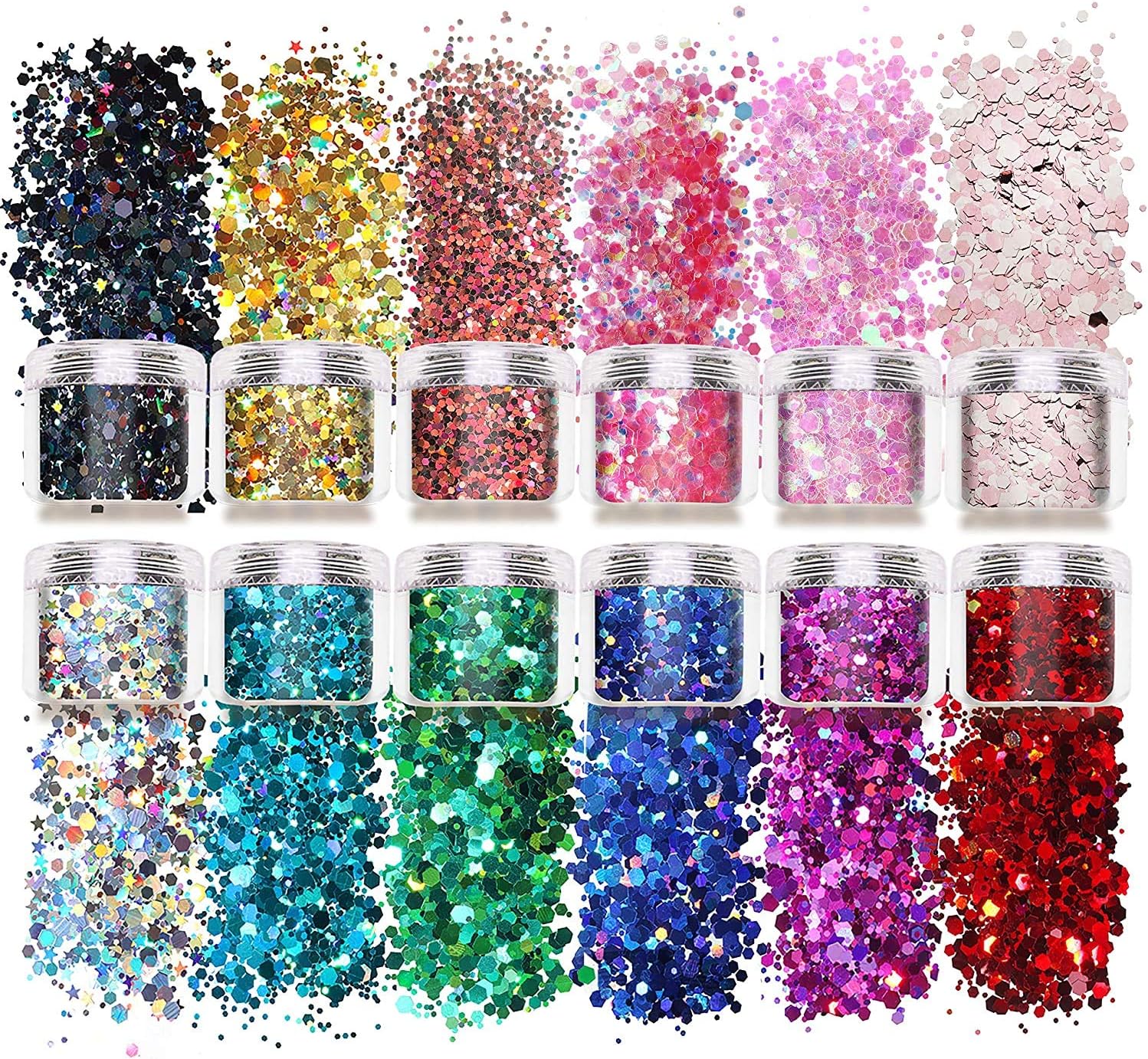 Laza 12 Color Glitter Body Art Acrylic Nails Mixed Polish Chunky Sequins Iridescent Flakes Ultra-Thin Paillette Sparkles Set Tips 120g Boxes for Cosmetic Festival Arts Face Eyes Body Hair - Star