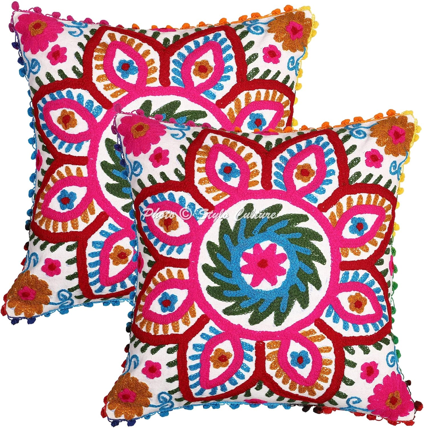 Indian Decorative Sofa Couch Toss Throw Pillow Cases 40x40 cm Cotton Bedroom White Floral Suzani Embroidered Pom Pom Lace Square Luxury Zippered Ethnic 16x16 Inch Cushion Covers - 2 Pcs
