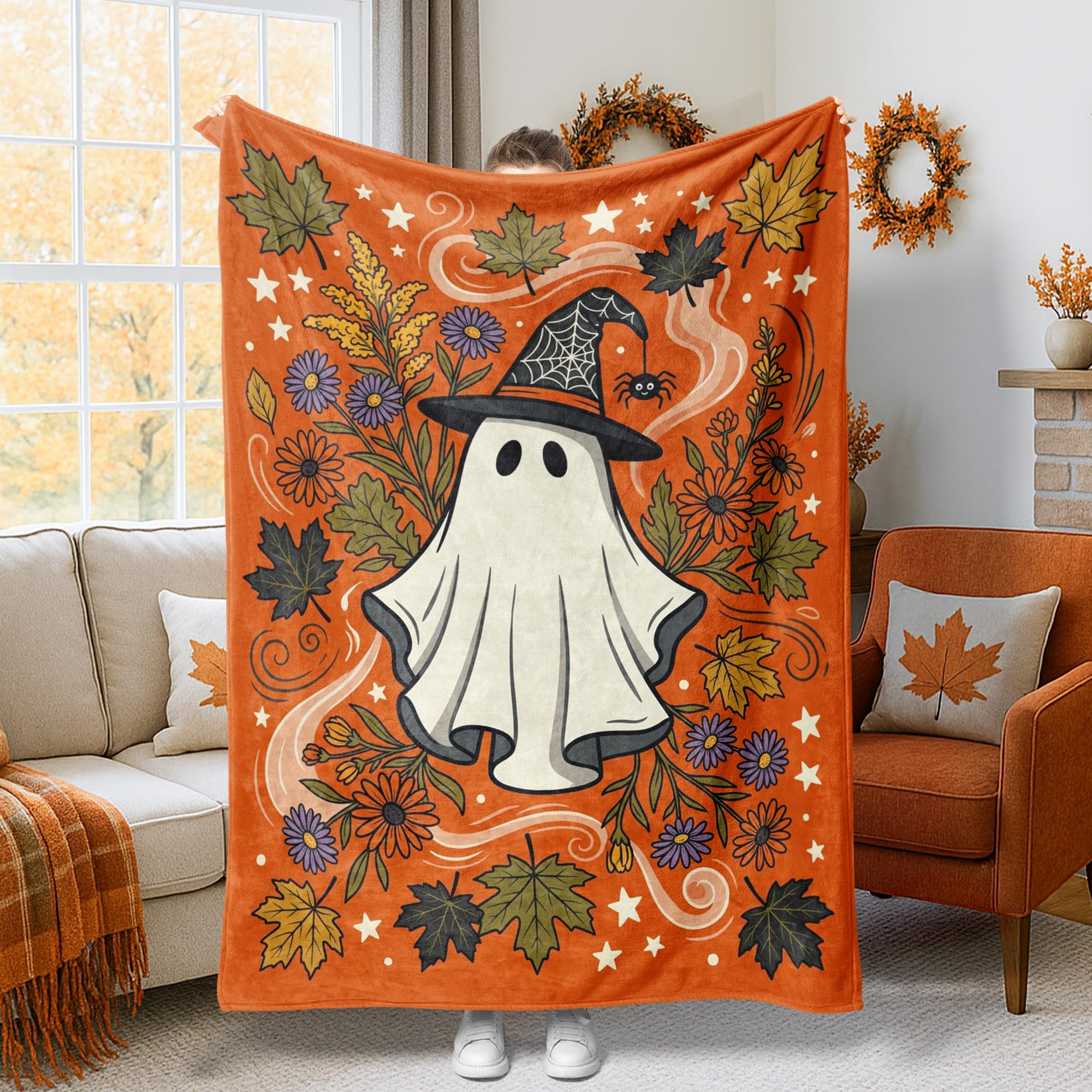 Jeté de lit fantôme imprimé floral orange et citrouilles d'Halloween