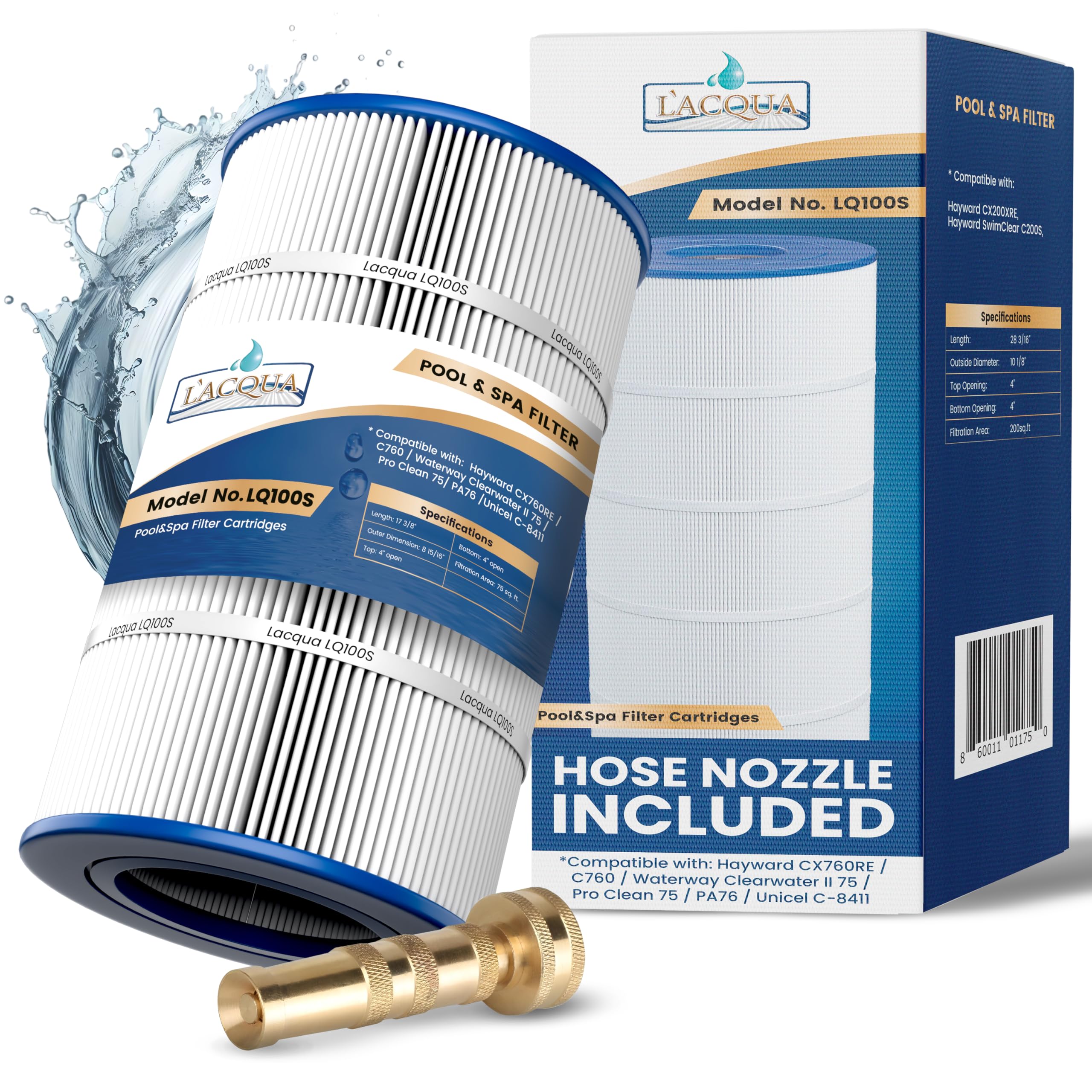 LACQUA Pool Filter Cartridge LQ100S 100SqF for SwimClear Hayward C100S, CX100XRE, Unicel C-9440, Pleatco PA100S, Ultral-D3, D3-M. Hose Nozzle Included