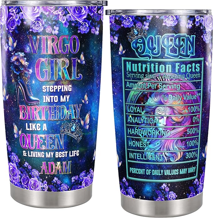 Personalized Queen Tumbler Custom Zodiac Insulated Cup Purple Galaxy Butterfly Flower Travel Mug with Lid Stainless Steel 20 30 Oz Astrological Sign Aries Gemini Cancer Leo Virgo Libra Taurus Scorpio