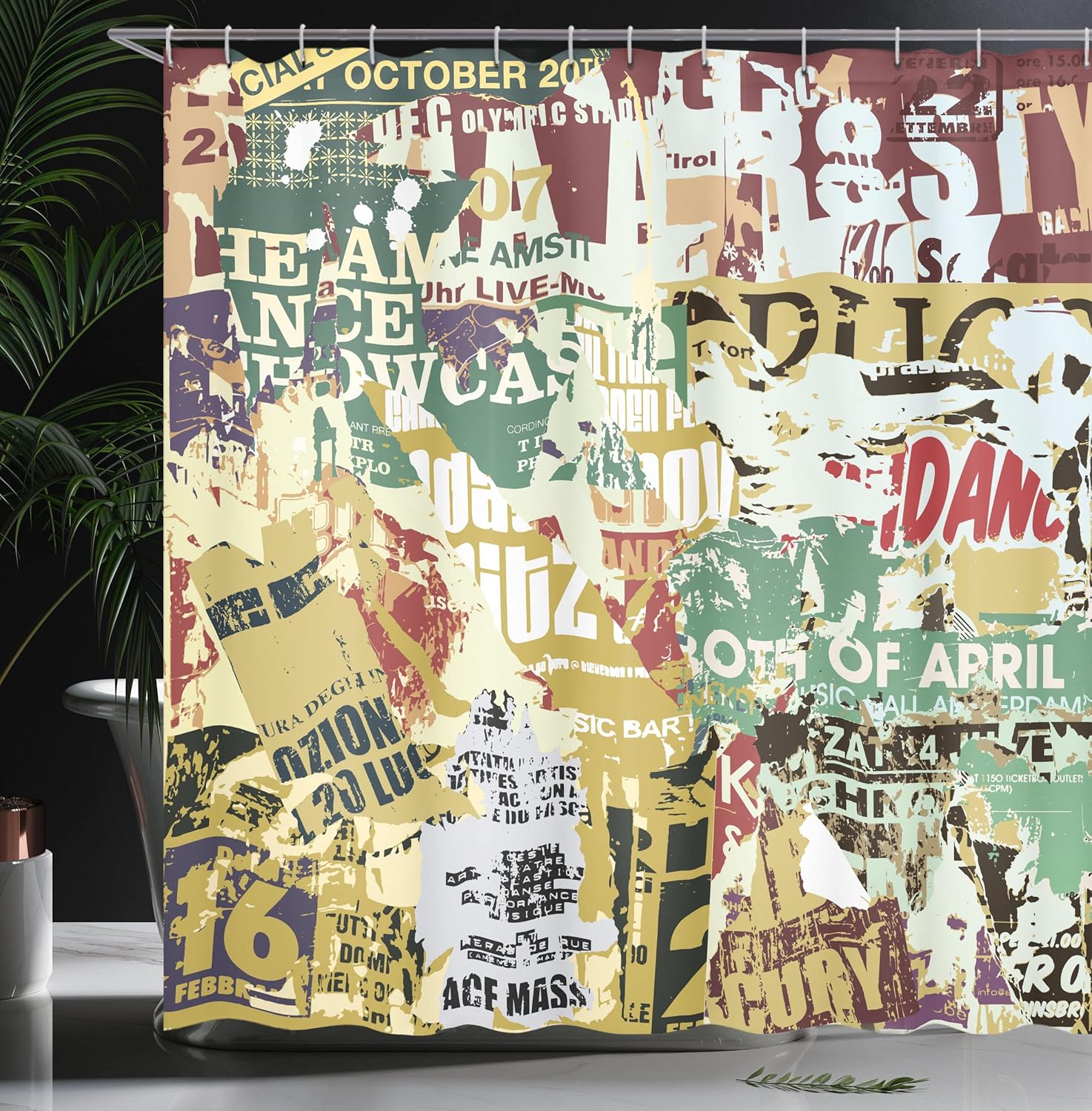 Ambesonne Retro Shower Curtain, Grunge Style Collage Print of Old Torn Posters Magazines Newspapers Paper Art Print, Cloth Fabric Bathroom Decor Set with Hooks, 69" W x 75" L, Mustard Beige